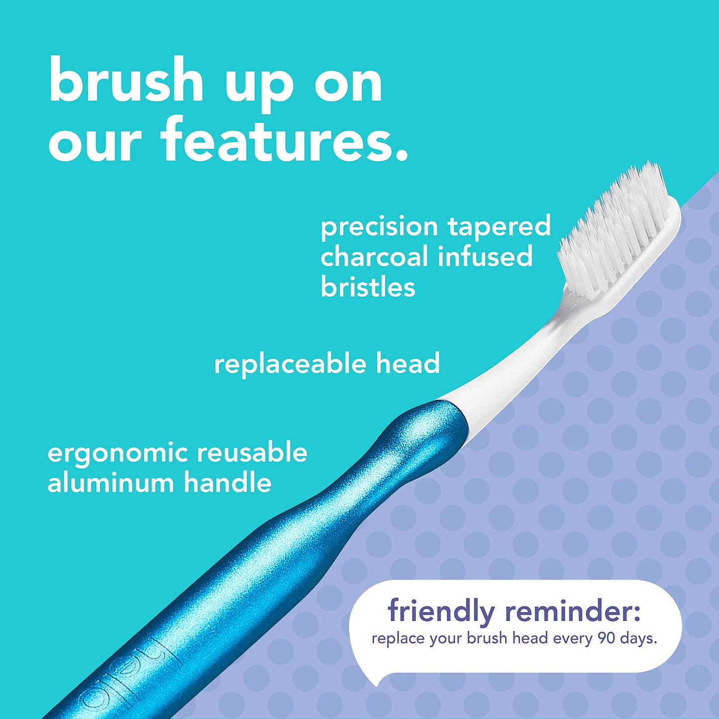 hello Manual Adult Toothbrush With Reusable Blue Modern Aluminum Handle & 4 Soft Replacement Heads, Bpa-free, 4 count