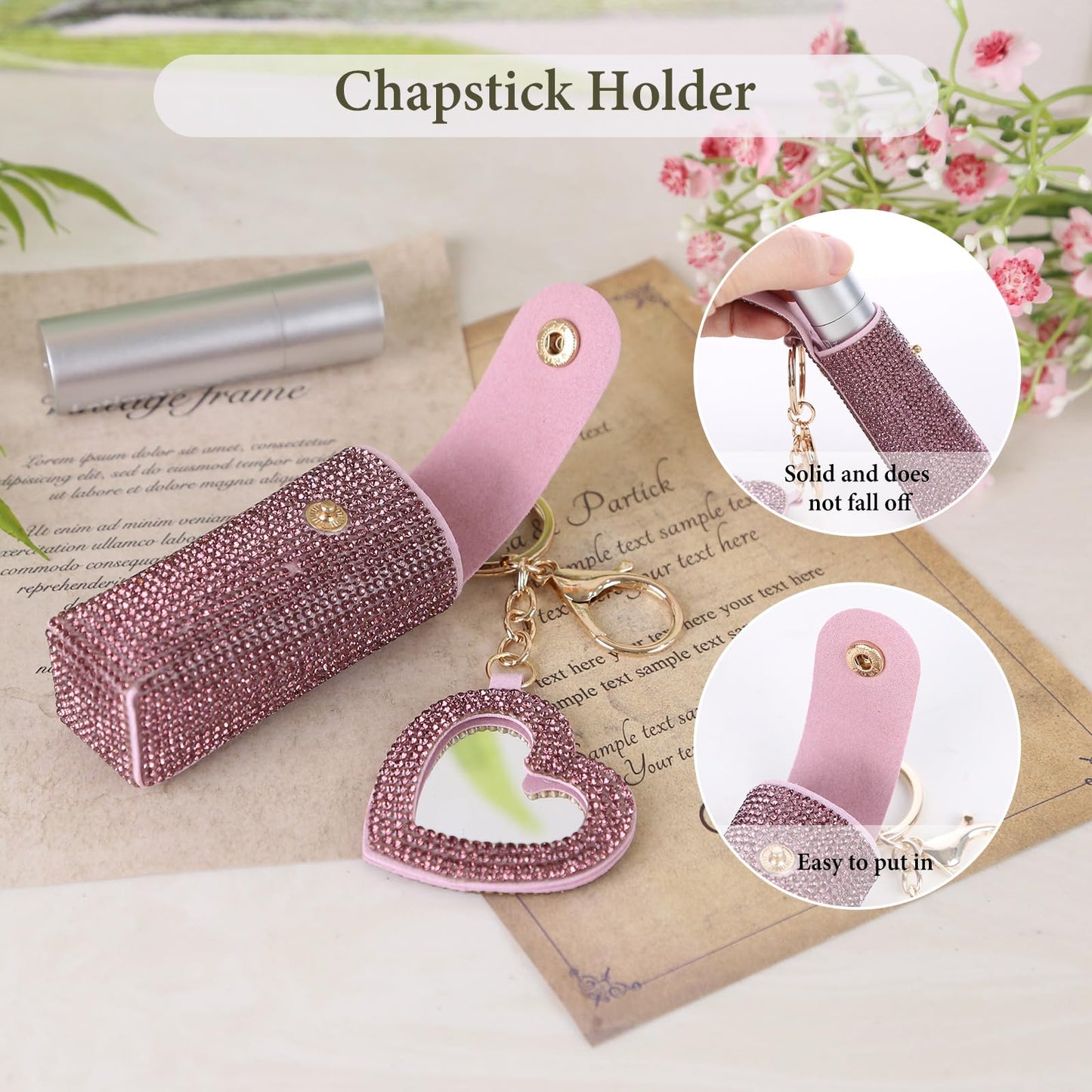 Lipstick Organizer Keychain, Rhinestone Lipstick Case with Mirror for Women, Portable Lipstick Leather Holder Lip Gloss Bag Lip Balm Case for Travel, Party, Holiday Gifts (Violet)