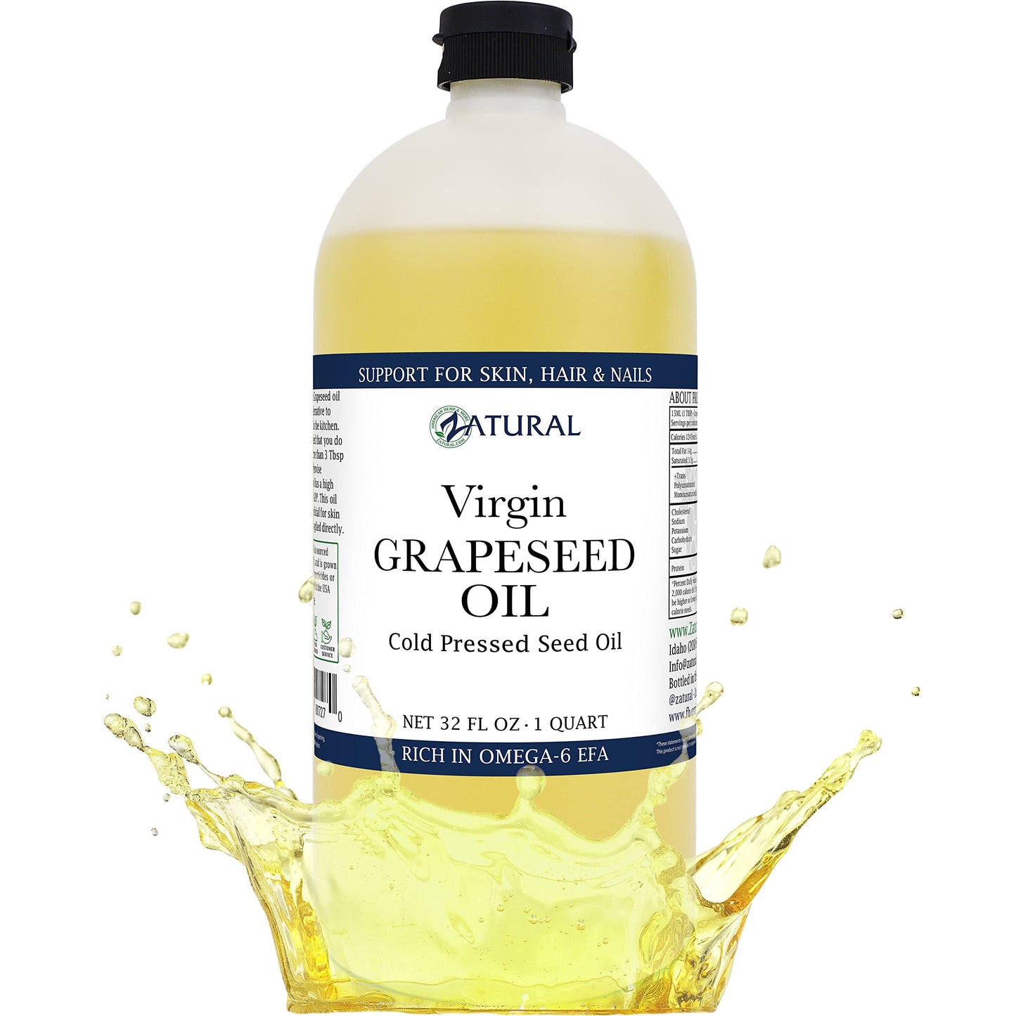 Zatural Grapeseed Oil Organically Grown 100% Pure Cold Pressed Virgin High Tempurature Cooking Oil (32oz)