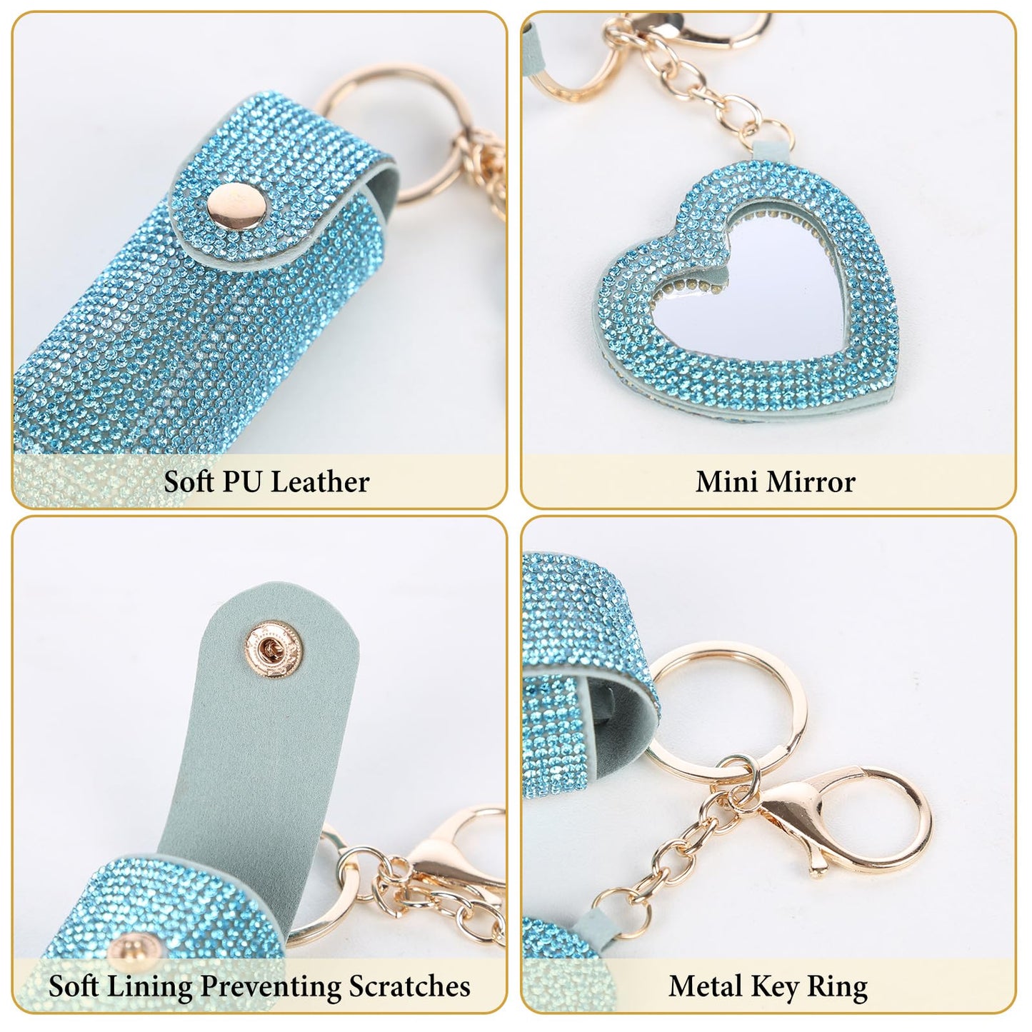 Lipstick Organizer Keychain, Rhinestone Lipstick Case with Mirror for Women, Portable Lipstick Leather Holder Lip Gloss Bag Lip Balm Case for Travel, Party, Holiday Gifts (Blue)