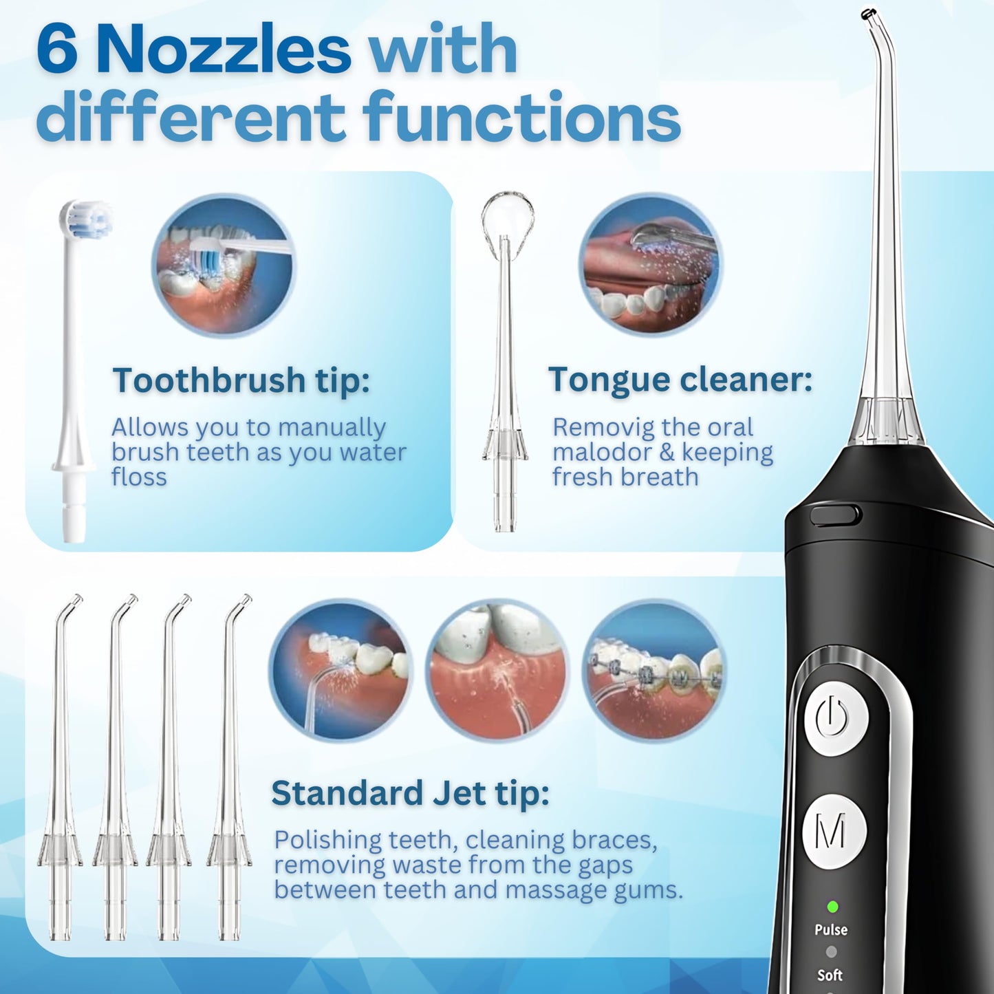 Dental Water Flosser Cordless, 310ML Electric Flosser Rechargeable with 4 Cleaning Modes & 6 Replaceable Jet Tips, IPX7 Waterproof Electric Waterflosser for Teeth Cleaning, Portable Oral Irrigator