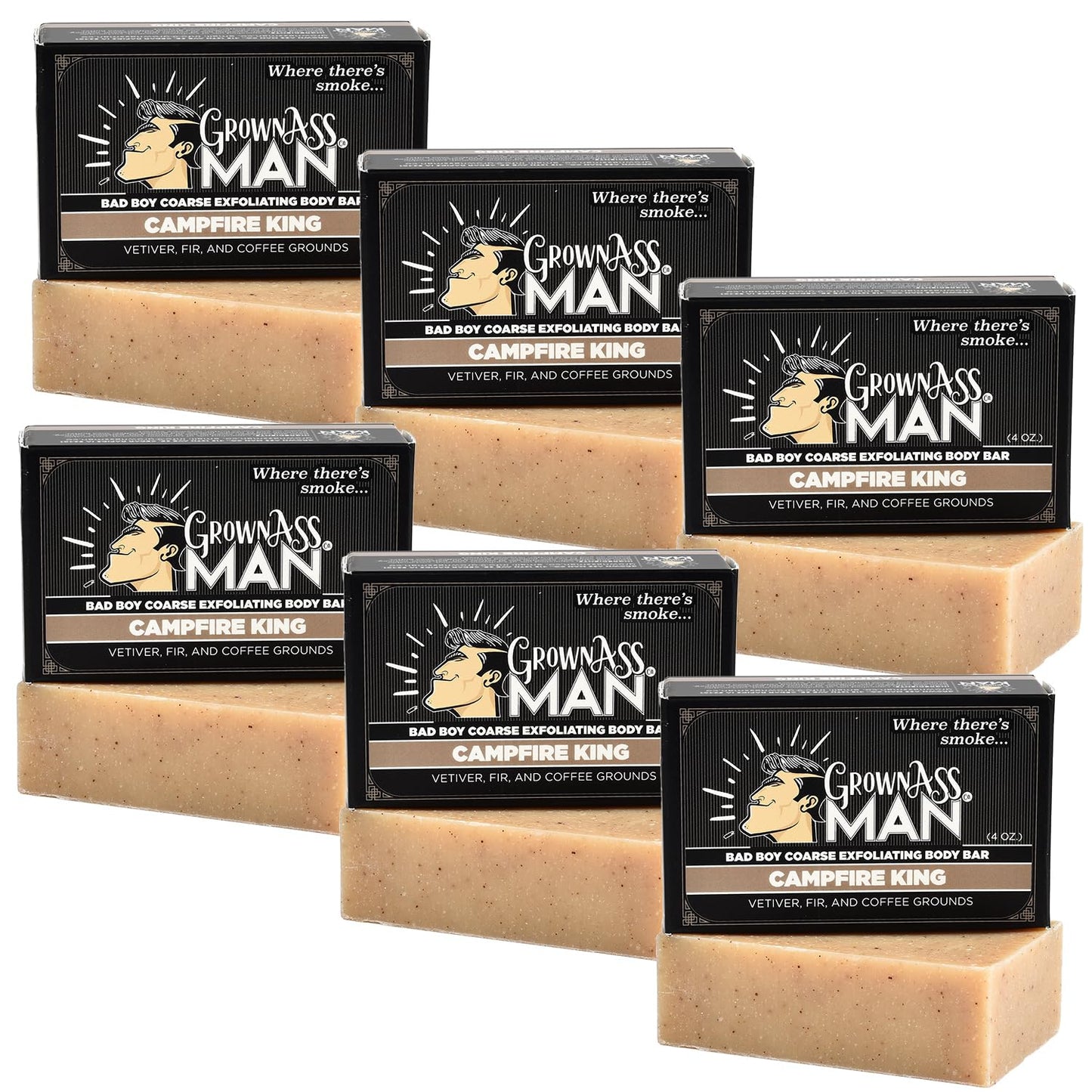 Grown Ass Man Co. Exfoliating Body Bars - Solid Soap with Natural Oils & Gentle Scrub - Plastic Free & Eco-Friendly, Natural & Organic for All Skin, 4oz Bar - Campfire King - Coarse Exfoliant, 6-Pack