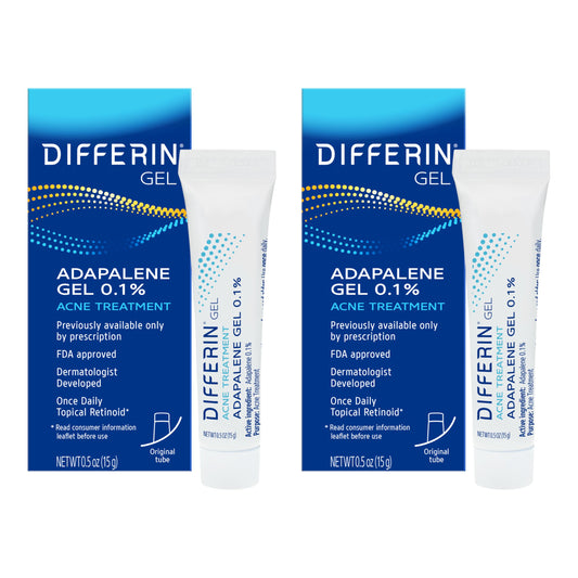 Differin Acne Treatment Gel, 60 Day Supply, Retinoid Treatment for Face with 0.1% Adapalene, Gentle Skin Care for Acne Prone Sensitive Skin, 15g Tube (Pack of 2) (Packaging May Vary)