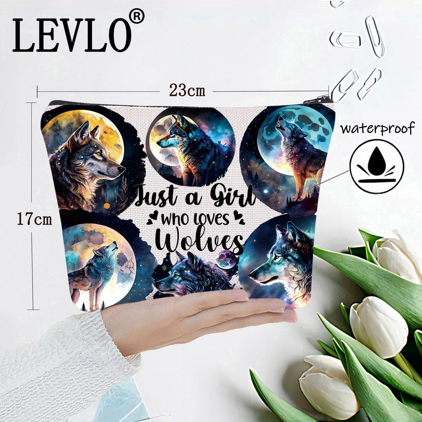 LEVLO Funny Wolf Cosmetic Bag Animal Lover Gift Just A Girl Who Loves Wolves Makeup Zipper Pouch Bag Wolf Lover Gift (Wolves)