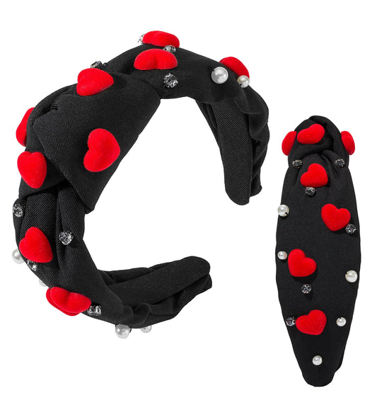 Valentine's Day Rhinestone headband for women Red Heart Love Charm Embellished Top Black Hairband Twist Wide Hair Band (Valentine -black)