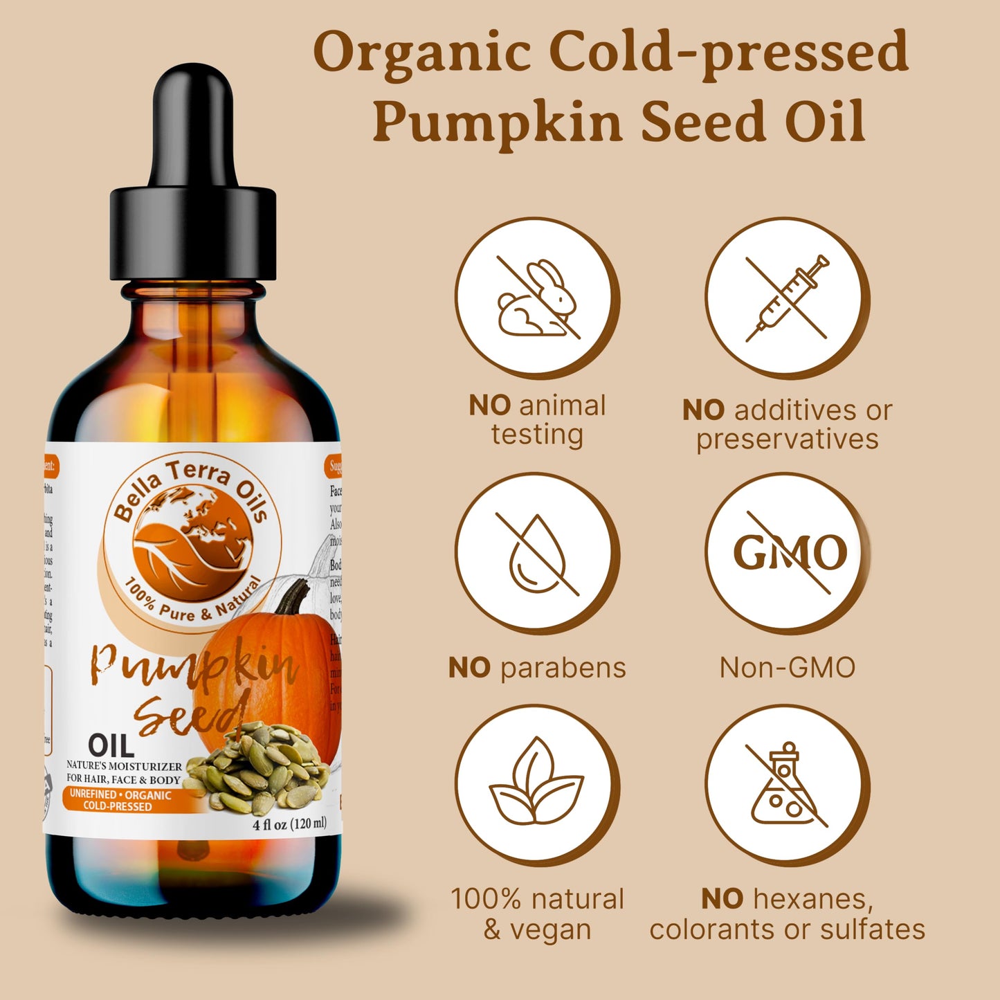 Bella Terra Oils - Organic Pumpkin Seed Oil 4oz - A Rendezvous with Organic Pumpkin's Nutritional Delight, Abundant in Vitamin C & E, The Epitome of Skin Purity