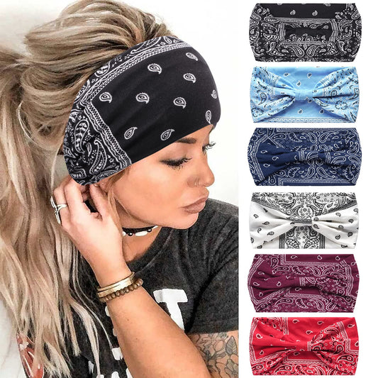 QUEXIAOMIN Headbands for Women, 6 PCS Wide Boho Headbands Elastic Bandana Non Slip Sweat Fashion Large Headwraps Hair Bands Headwear fit All Head Sizes for Workout, Sports, Running, Yoga