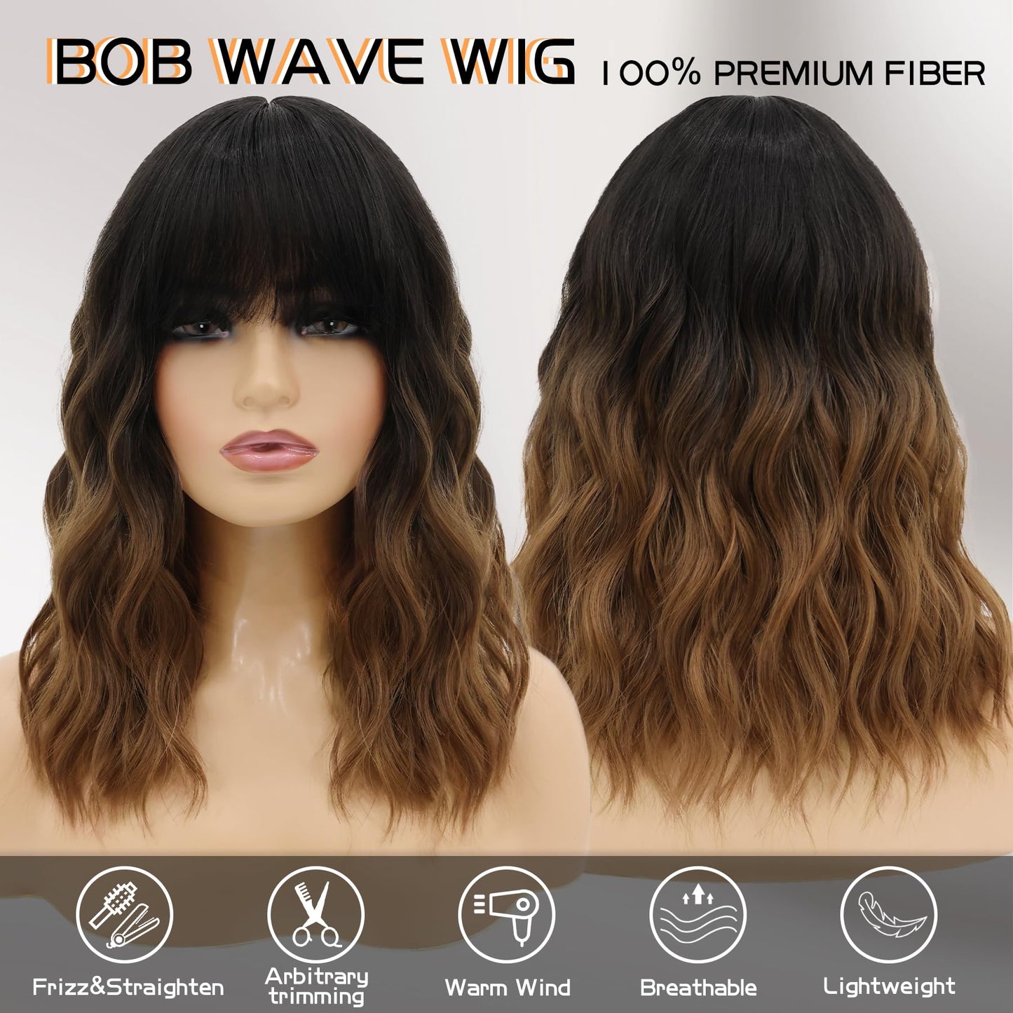 MOSINA bob wig with Bangs for Women,Black mixed with brown Wig,14" synthetic bob wigs,Heat Resistant Fiber Wig for Suitable for work, parties and other occasions Use………