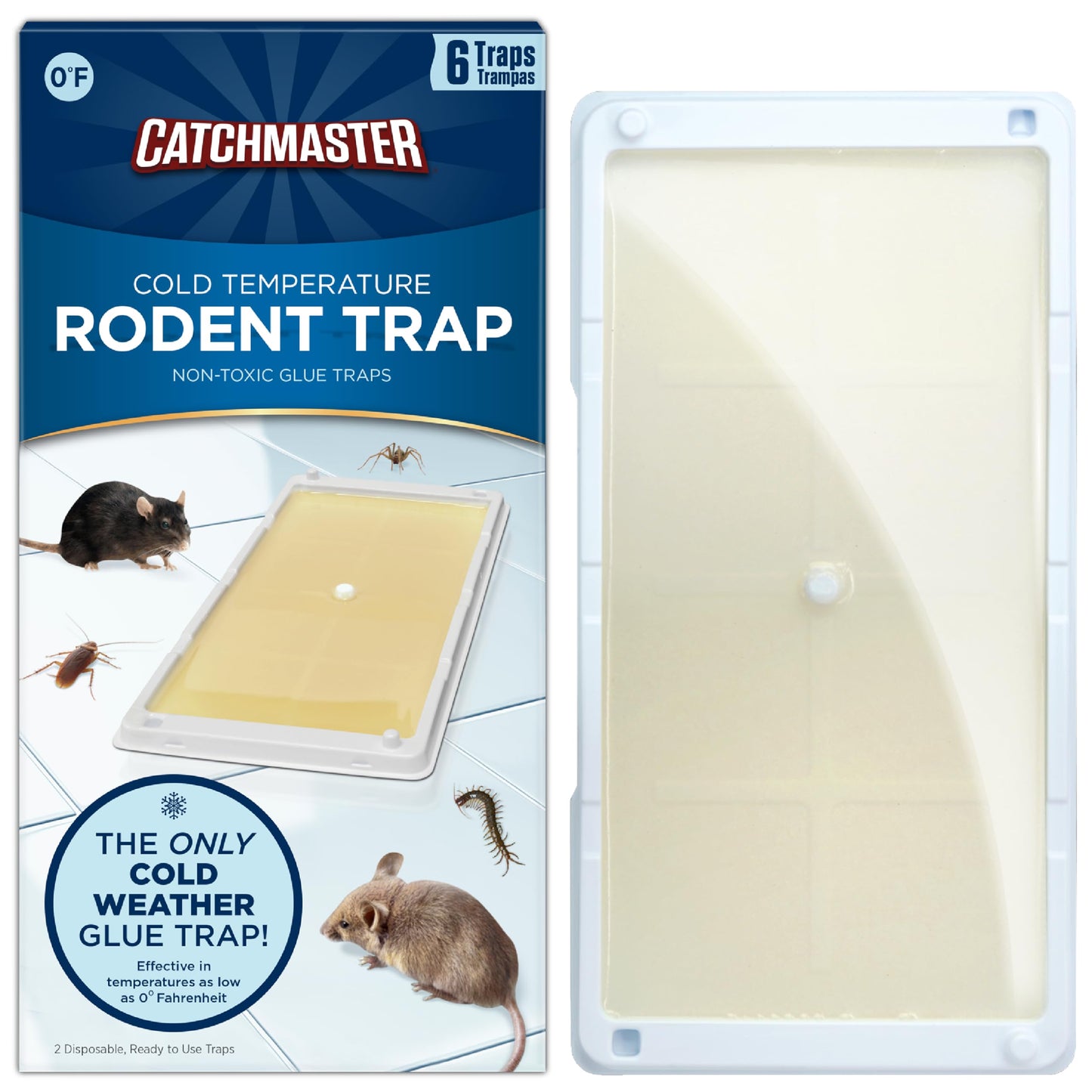 Catchmaster Cold Weather Glue Traps 6PK Mouse Traps Indoor for Home, Pest Control Adhesive Tray, Catch Bugs, Crickets, Spiders, Rats & Rodents, Pet Safe Pre-Baited Glue Boards for House, Shed & Garage