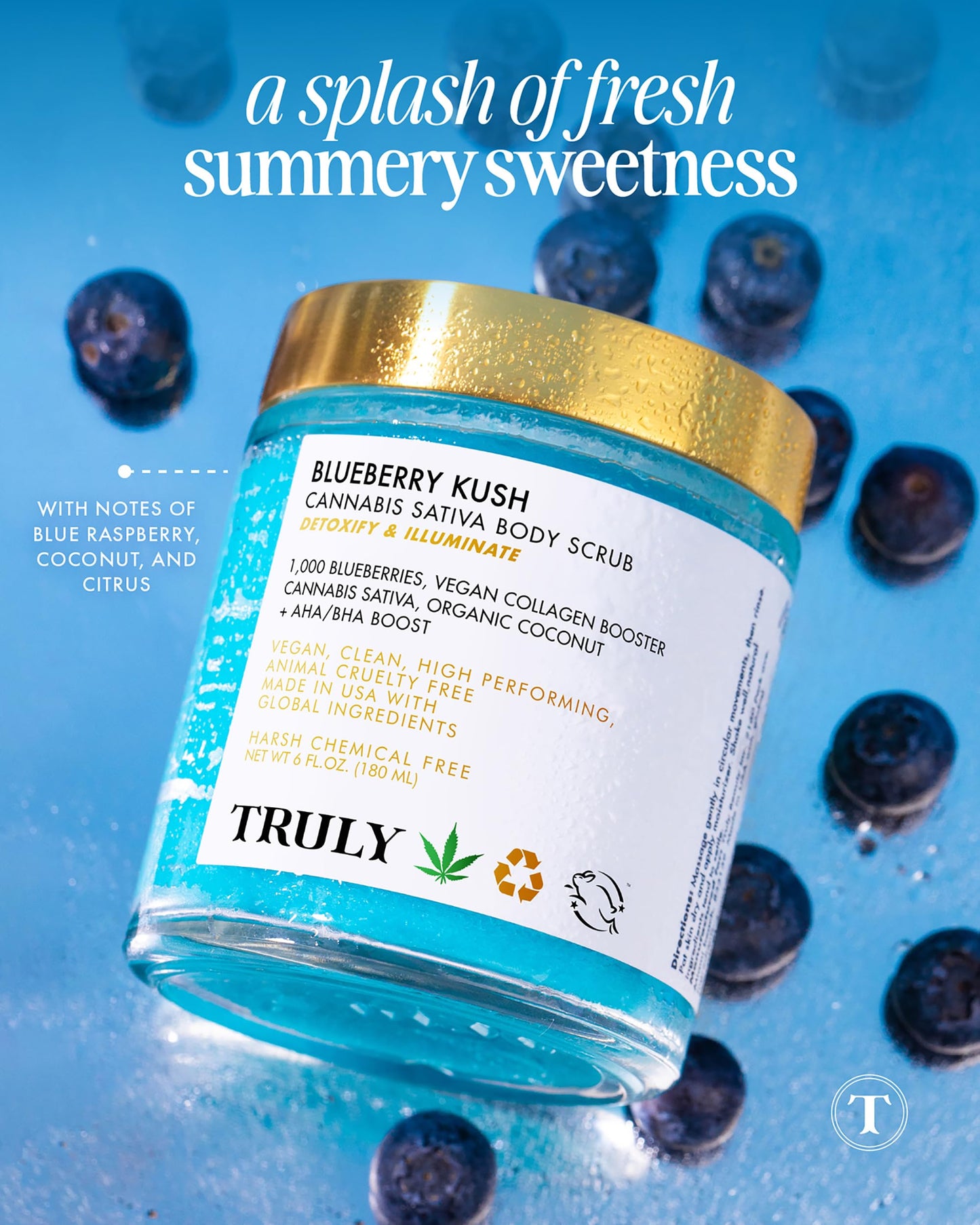 Truly Beauty Blueberry Kush Body Scrub with Hydroxy Acids and Vegan Collagen - Detoxifying Sugar Scrub for Women - Exfoliating Body Scrub for Flawless and Luminous Skin - 6 oz