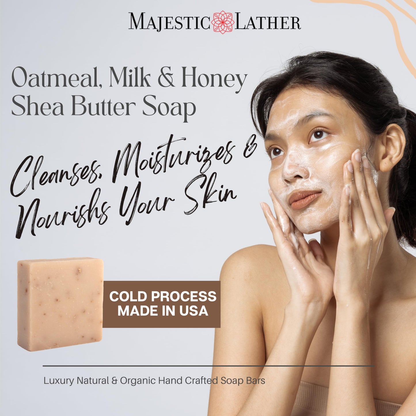 Majestic Lather Oatmeal, Milk & Honey Luxury Bar Soap For Face & Body - Gentle Skin Cleansing & Soothing with Colloidal Oatmeal, Shea Butter & Natural Oils. For All Skin Types