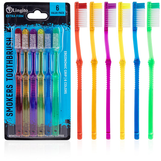 Extra Firm Toothbrush Set for Adults or Smokers Travel Toothbrush Kit, Hard Multicolor Denture Brush, Large Head, Manual Travel Toothbrush Hard Bristles (Transparent - 6 Pack)