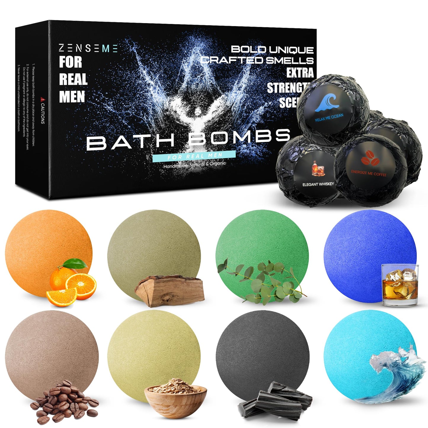 Bath Bombs for Men - Gift Set of 8 Scented Organic Handmade Bath Bombs of 2.5 oz with Natural Essential Oils, Unique Strong Manly Scents, for Boyfriend, Husband, Father or Friend, by ZenseMe