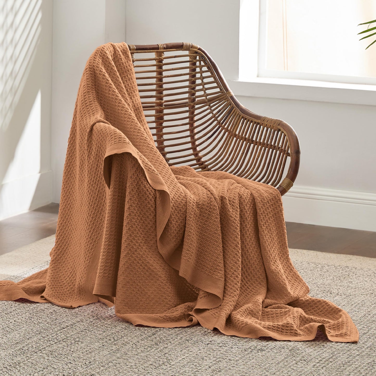 Bedsure 100% Cotton Large Throw Blankets for Couch - Waffle Weave Orange Throw Blankets for Bed, Lightweight and Soft Spring Throw Blankets for Office, 50x70 inches