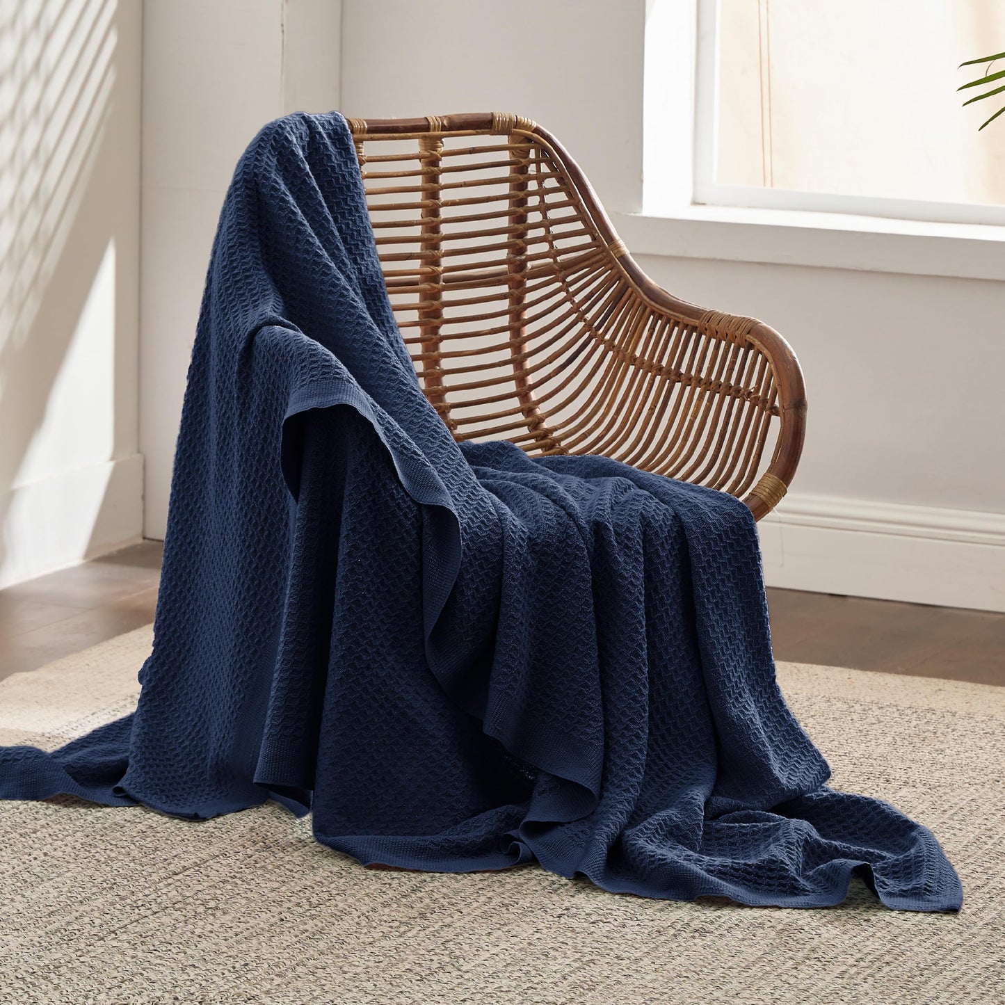 Bedsure 100% Cotton Large Throw Blankets for Couch - Waffle Weave Pageant Blue Throw Blankets for Bed, Lightweight and Soft Spring Throw Blankets for Office, 50x70 inches