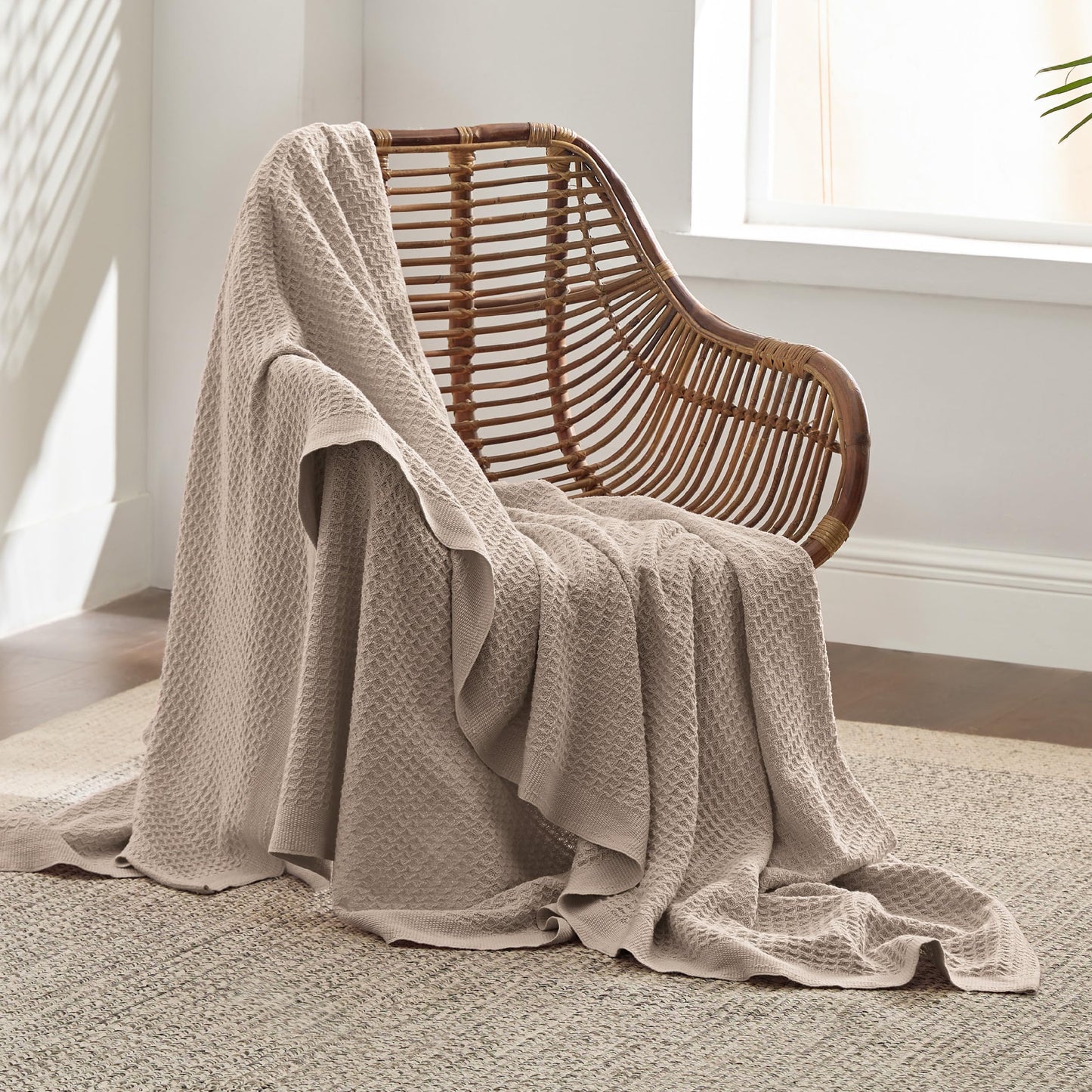 Bedsure 100% Cotton Large Throw Blankets for Couch - Waffle Weave Tan/Taupe Throw Blankets for Bed, Lightweight and Soft Spring Throw Blankets for Office, 50x70 inches