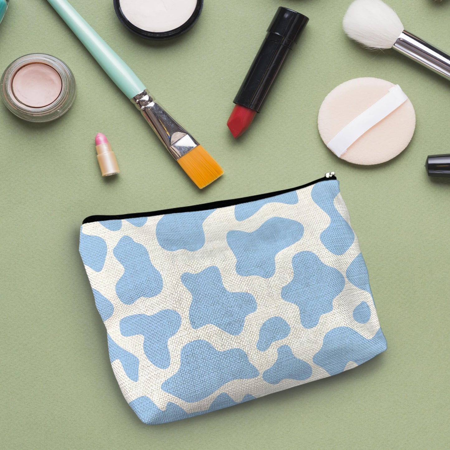 NATSUNO Cow Print Makeup Bag,Cow Cosmetic Bag,Cow Make Up Bag,Blue Makeup Bag,Girls Makeup Bag,Girls Makeup Bag,Makeup For Girls,Cow Lover Gifts,Small Makeup Bag