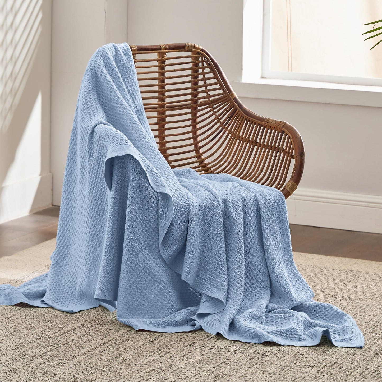 Bedsure 100% Cotton Large Throw Blankets for Couch - Waffle Weave Blue Throw Blankets for Bed, Lightweight and Soft Spring Throw Blankets for Office, 50x70 inches