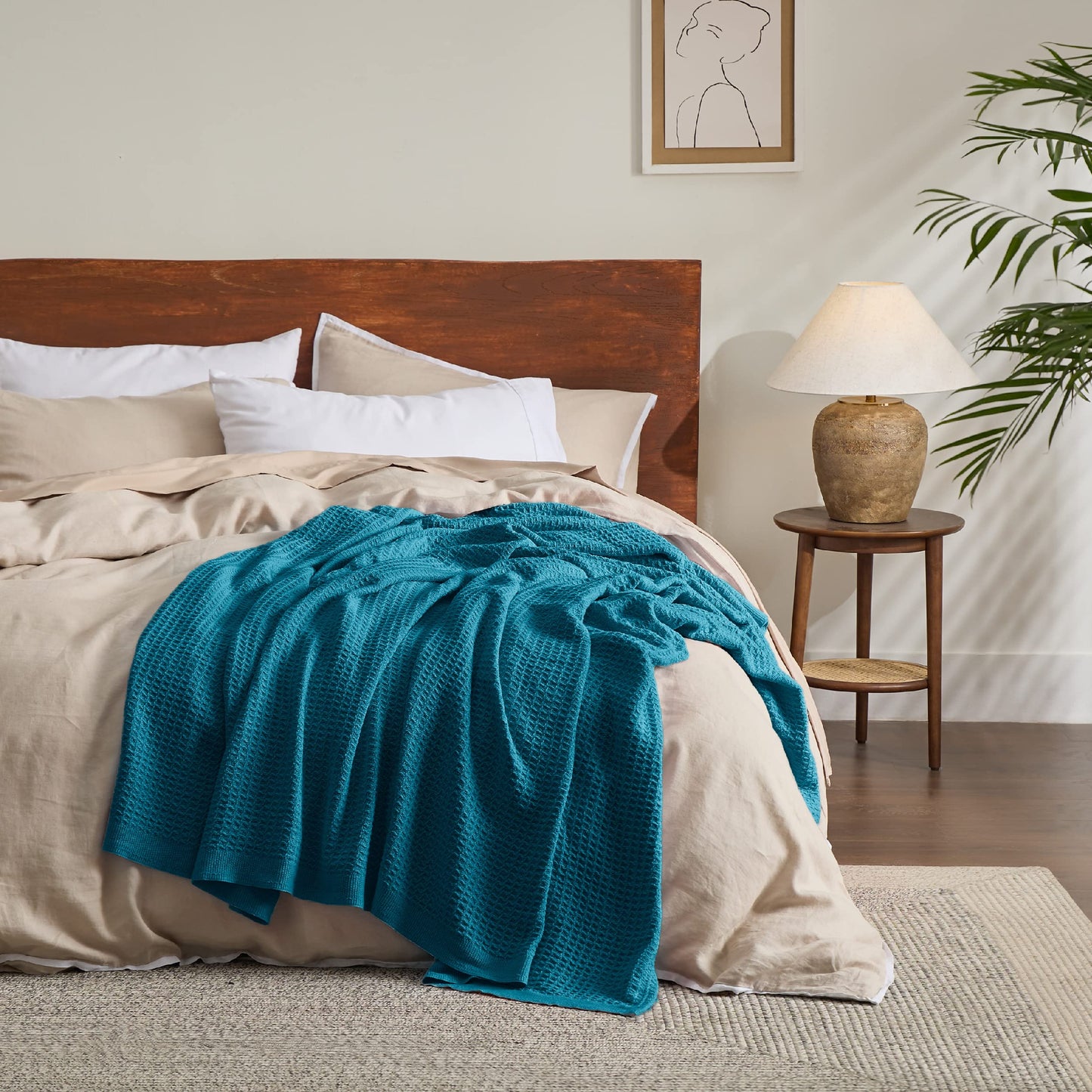 Bedsure 100% Cotton Blankets Twin XL Size for Bed - Waffle Weave Blankets for Summer, Lightweight and Breathable Soft Woven Blankets for Spring, Teal, 66x90 inches