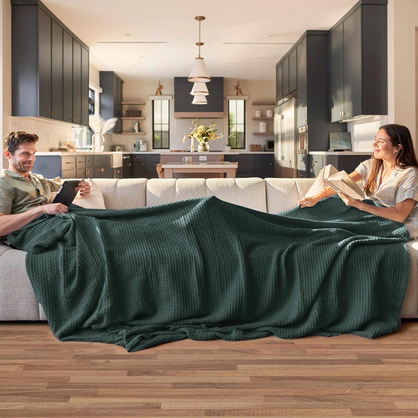 Bedsure 100% Cotton Blankets Queen Size for Bed - Waffle Weave Blankets for Summer, Lightweight and Breathable Soft Woven Blankets for Spring, Dark Green, 90x90 Inches