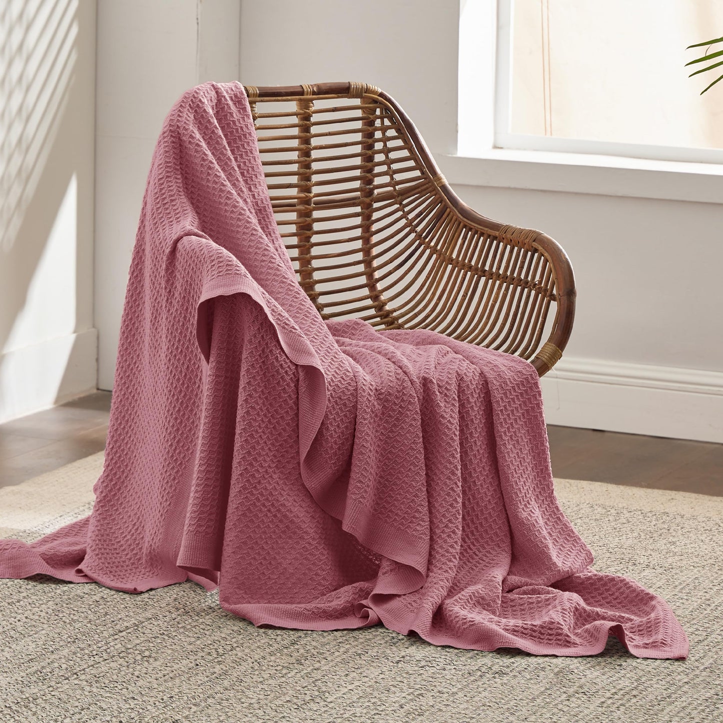 Bedsure 100% Cotton Large Throw Blankets for Couch - Waffle Weave Dusty Rose Pink Throw Blankets for Bed, Lightweight and Soft Spring Throw Blankets for Office, 50x70 inches