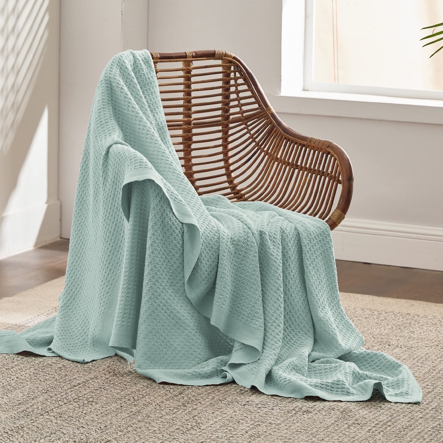 Bedsure 100% Cotton Blankets Twin XL Size for Bed - Waffle Weave Blankets for Summer, Lightweight and Breathable Soft Woven Blankets for Spring, Mint, 66x90 inches