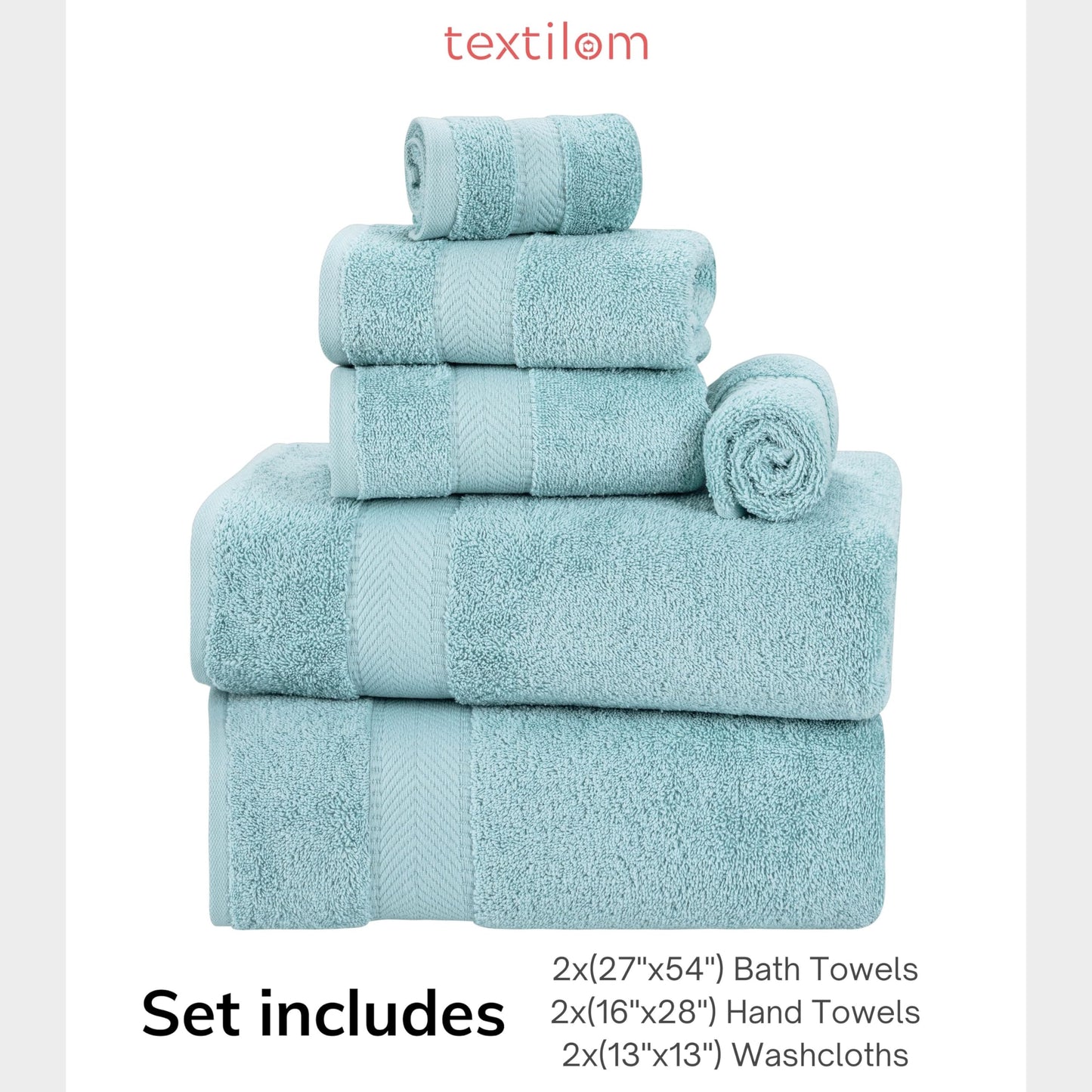 TEXTILOM 6 Pcs Bath Towel Set – Hotel and Spa Quality & Soft & Absorbent & Quick Dry Bath Towels for Bathroom –100% Turkish Cotton Bathroom Towels Set (2 Bath Towels,2 Hand Towels,2 Washcloths)-Aqua