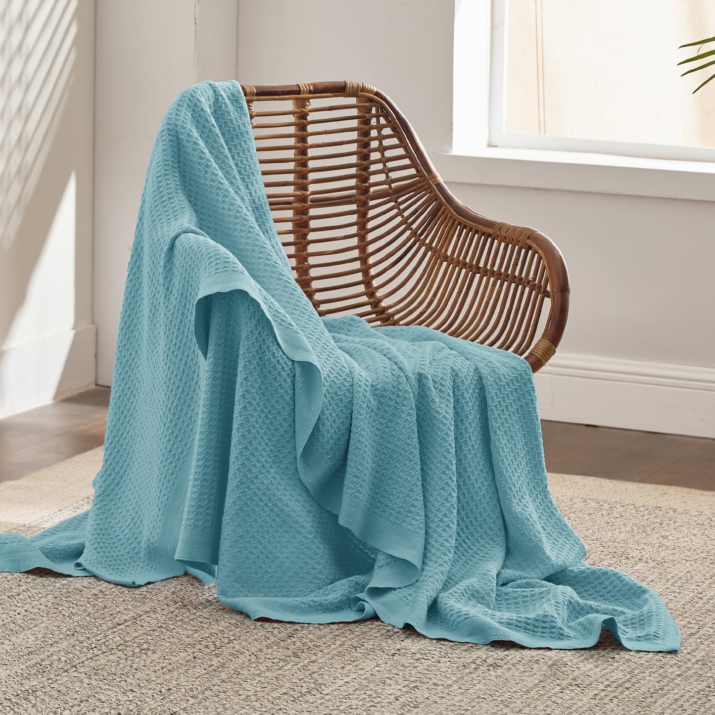 Bedsure 100% Cotton Large Throw Blankets for Couch - Waffle Weave Light Teal Throw Blankets for Bed, Lightweight and Soft Spring Throw Blankets for Office, 50x70 inches