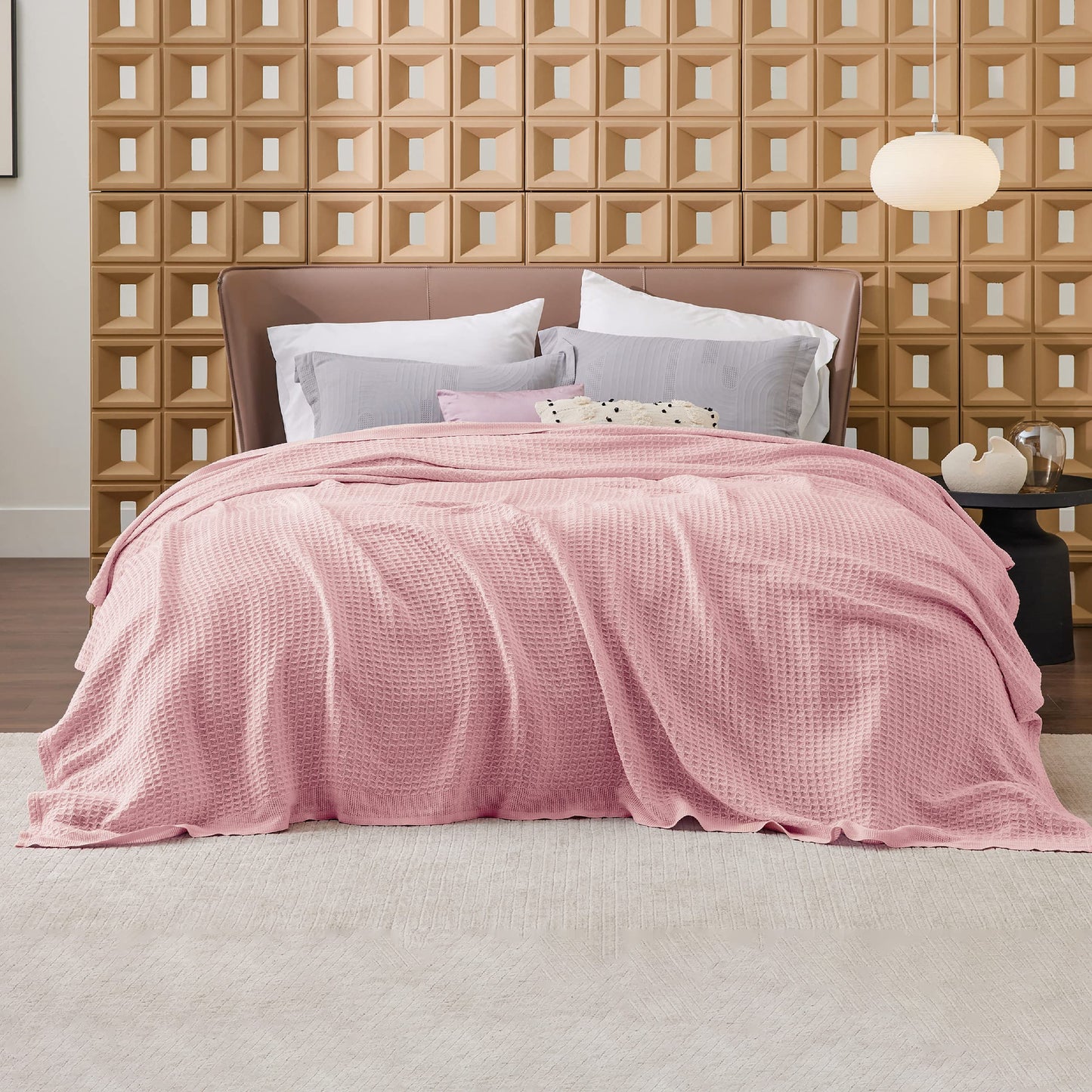 Bedsure 100% Cotton Blankets Queen Size for Bed - Waffle Weave Blankets for Summer, Lightweight and Breathable Soft Woven Blankets for Spring, Pink, 90x90 Inches