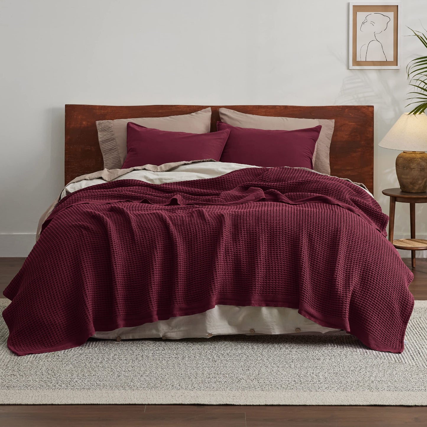 Bedsure 100% Cotton Blankets Twin XL Size for Bed - Waffle Weave Blankets for Summer, Lightweight and Breathable Soft Woven Blankets for Spring, Burgundy Red, 66x90 inches