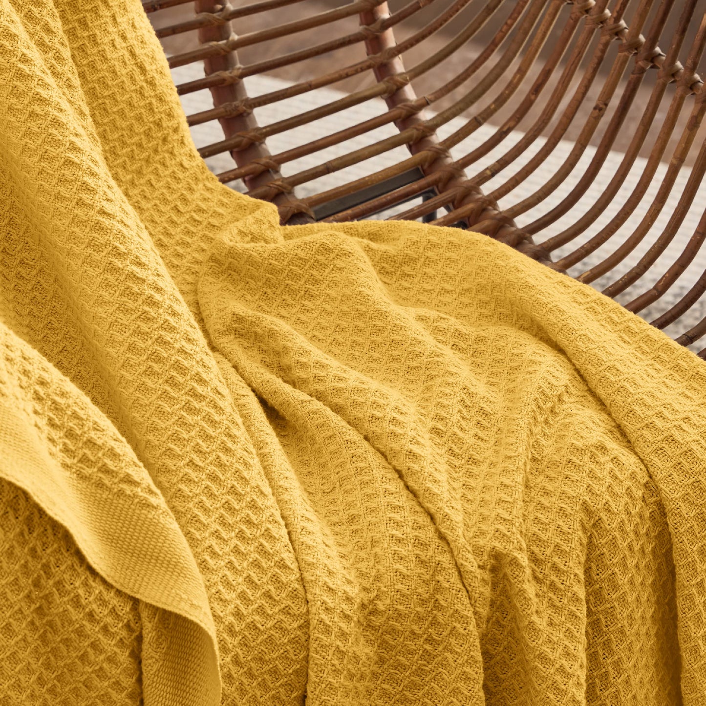 Bedsure 100% Cotton Blankets Queen Size for Bed - Waffle Weave Blankets for Summer, Lightweight and Breathable Soft Woven Blankets for Spring, Mustard Yellow, 90x90 Inches