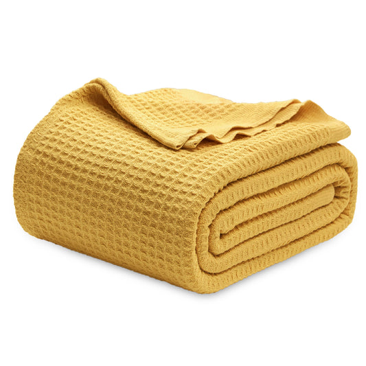 Bedsure 100% Cotton Blankets Queen Size for Bed - Waffle Weave Blankets for Summer, Lightweight and Breathable Soft Woven Blankets for Spring, Mustard Yellow, 90x90 Inches