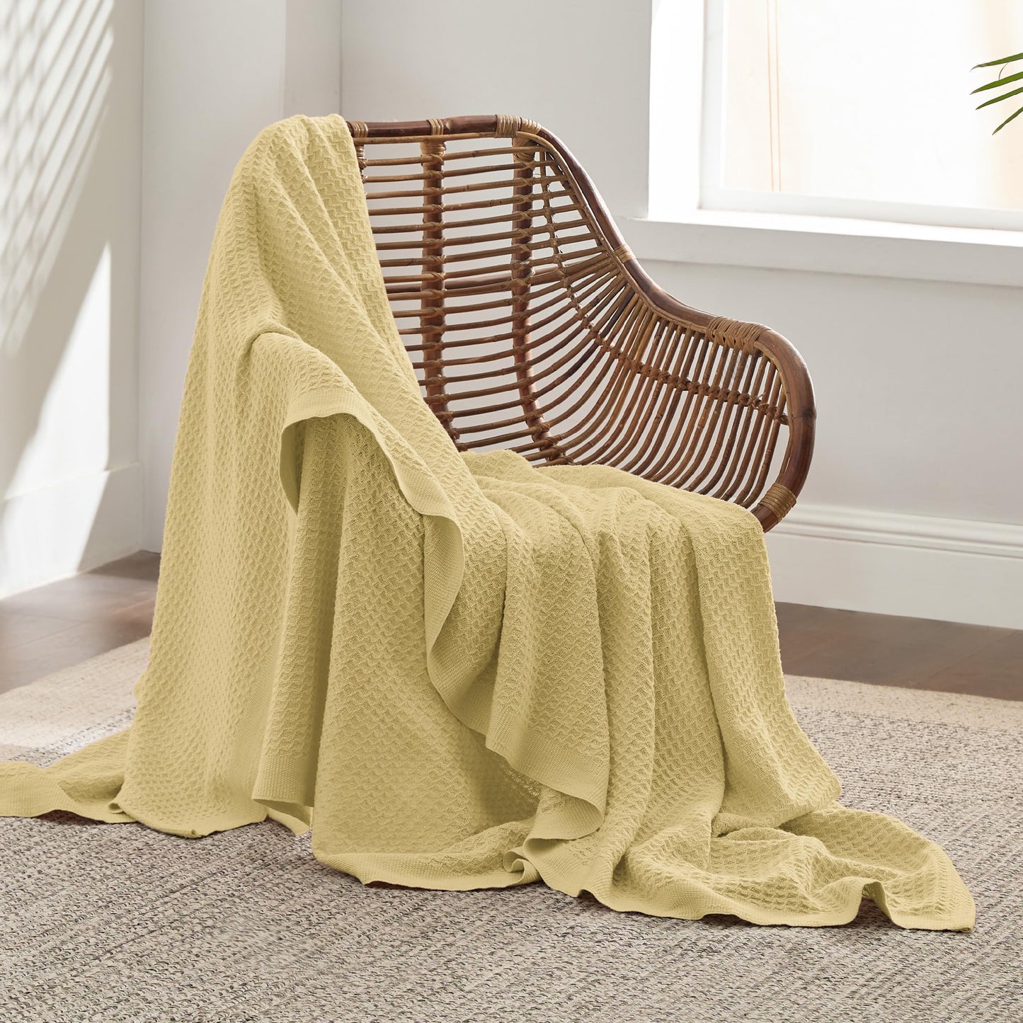 Bedsure 100% Cotton Large Throw Blankets for Couch - Waffle Weave Straw Yellow Throw Blankets for Bed, Lightweight and Soft Spring Throw Blankets for Office, 50x70 inches