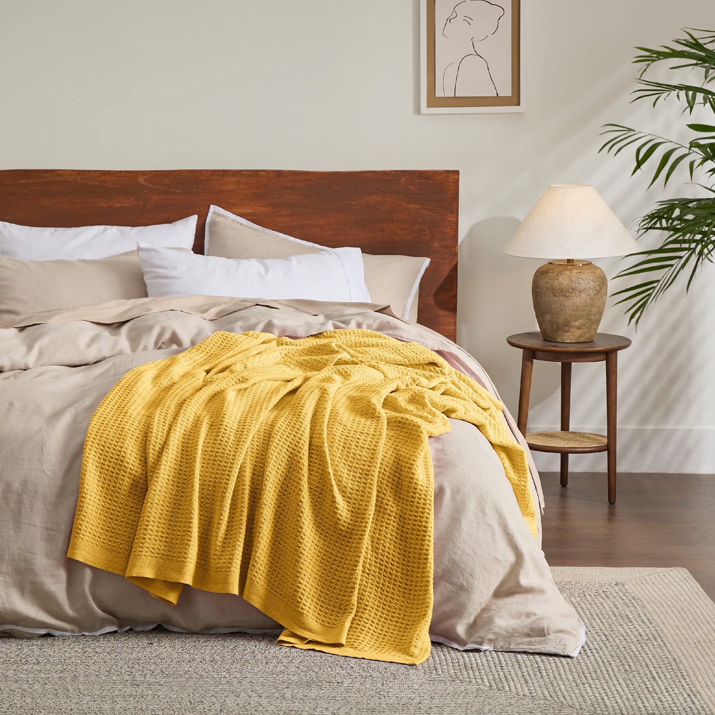 Bedsure 100% Cotton Blankets Queen Size for Bed - Waffle Weave Blankets for Summer, Lightweight and Breathable Soft Woven Blankets for Spring, Mustard Yellow, 90x90 Inches