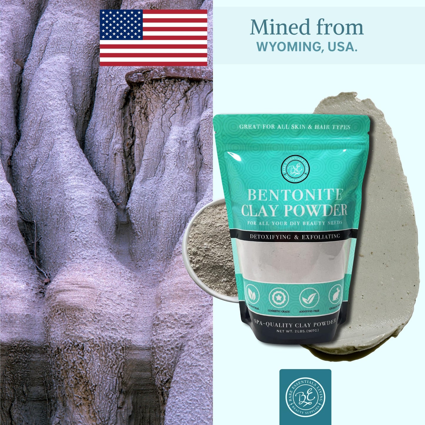 Bare Essentials Living - Bentonite Clay Powder (2lbs) Face Clay Mask, Bentonite Clay Detox for Skin, Clay Powder for Seed Bombs, Detox Bath, Cosmetic Clay Powder, Sodium Bentonite Clay - Made in USA