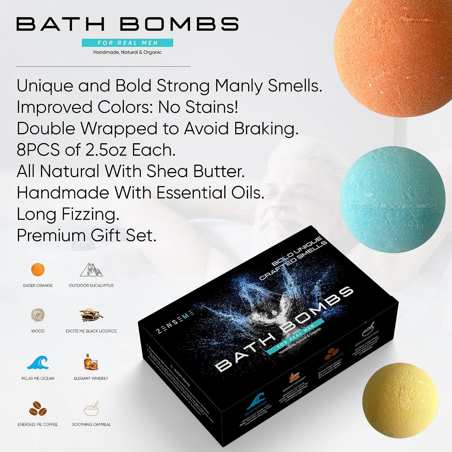 Bath Bombs for Men - Gift Set of 8 Scented Organic Handmade Bath Bombs of 2.5 oz with Natural Essential Oils, Unique Strong Manly Scents, for Boyfriend, Husband, Father or Friend, by ZenseMe