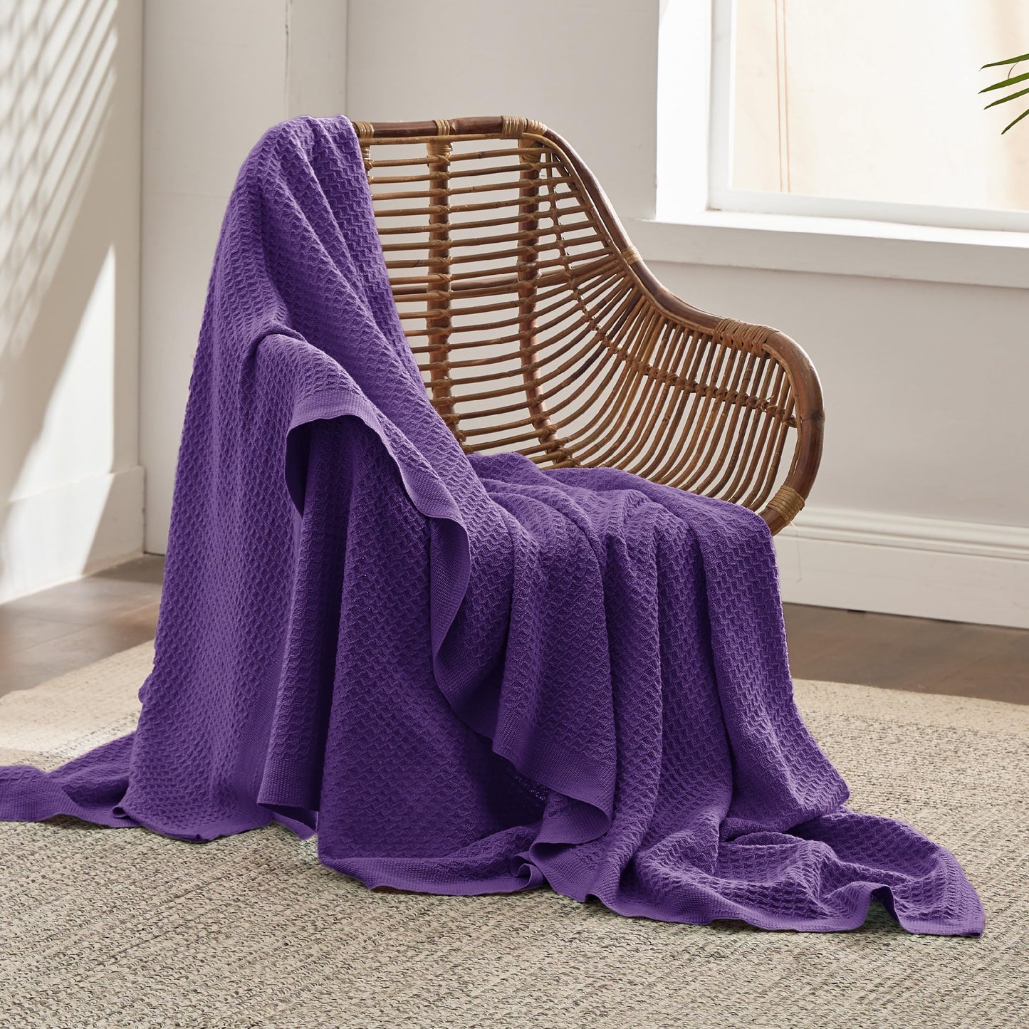 Bedsure 100% Cotton Large Throw Blankets for Couch - Waffle Weave Purple Throw Blankets for Bed, Lightweight and Soft Spring Throw Blankets for Office, 50x70 inches