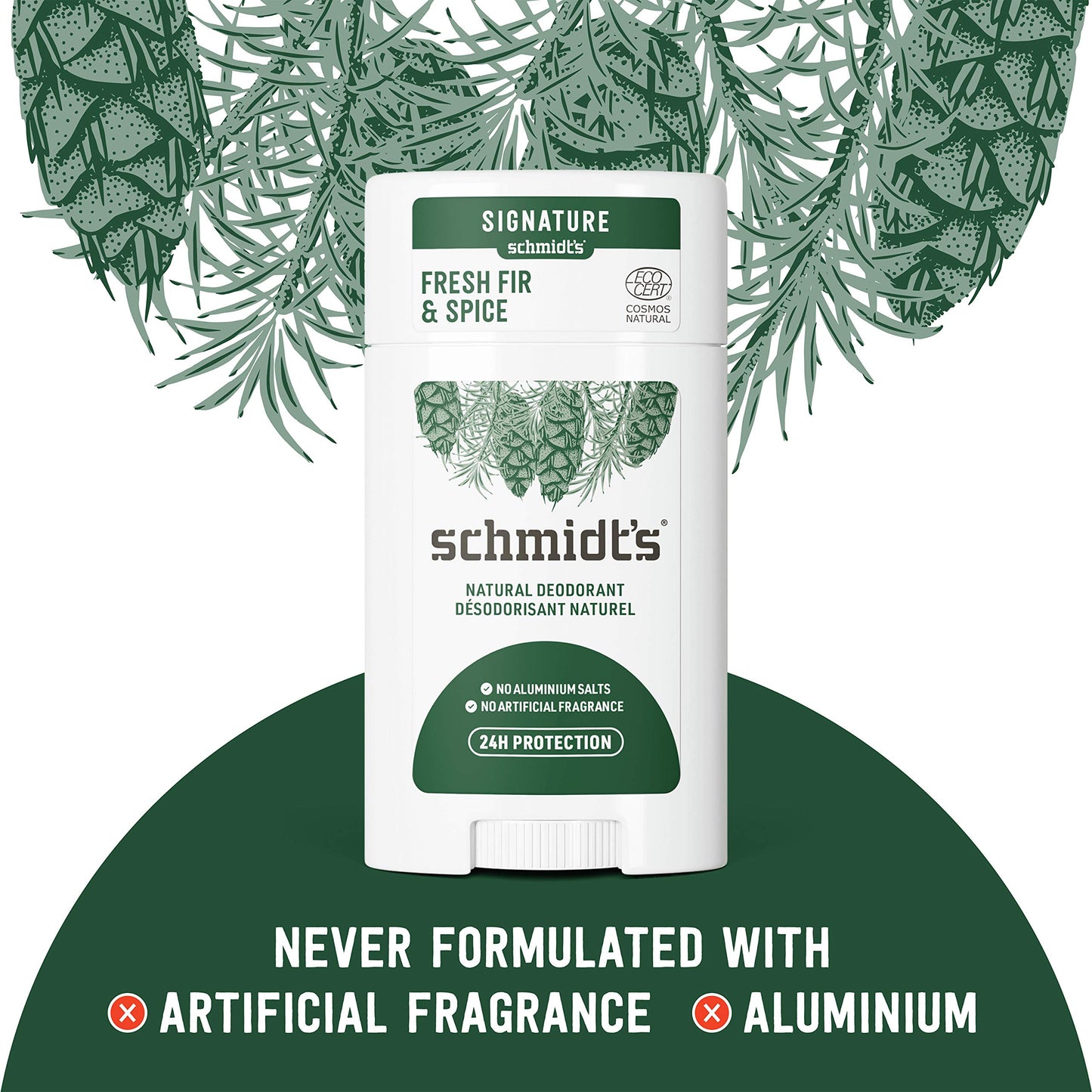 Schmidt's Aluminum Free Natural Deodorant for Women and Men, Fresh Fir and Spice with 24 Hour Odor Protection, Certified Natural, Vegan, Cruelty Free, 2.65 oz