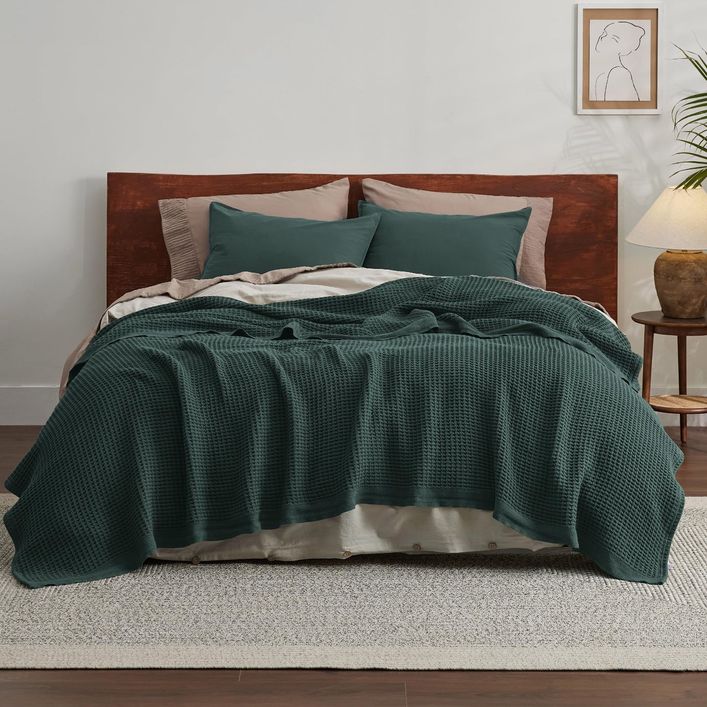 Bedsure 100% Cotton Blankets Queen Size for Bed - Waffle Weave Blankets for Summer, Lightweight and Breathable Soft Woven Blankets for Spring, Dark Green, 90x90 Inches