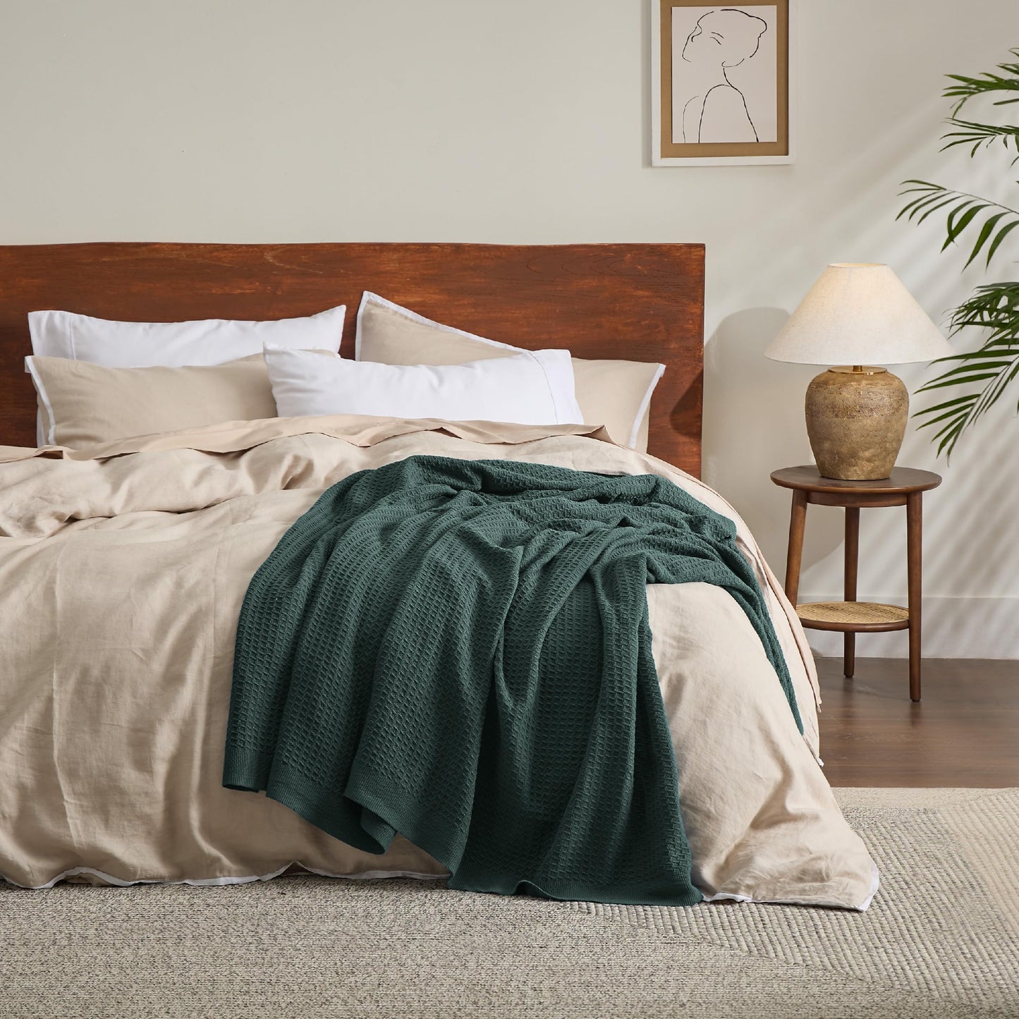 Bedsure 100% Cotton Blankets Queen Size for Bed - Waffle Weave Blankets for Summer, Lightweight and Breathable Soft Woven Blankets for Spring, Dark Green, 90x90 Inches