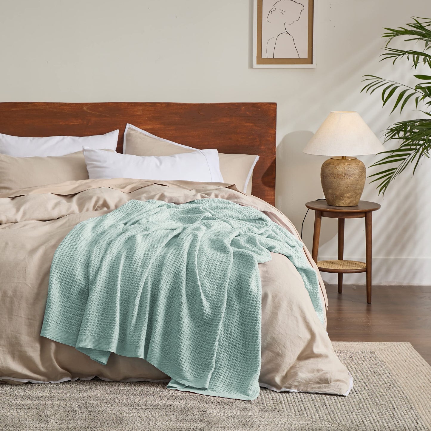 Bedsure 100% Cotton Blankets Twin XL Size for Bed - Waffle Weave Blankets for Summer, Lightweight and Breathable Soft Woven Blankets for Spring, Mint, 66x90 inches