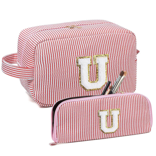 Avgiedy 2Pcs Makeup Bag, Cute Cosmetic Bag, Personalized Initial Preppy Large Capacity Travel Makeup Bag Organizer, Makeup Bag is for Mother, Wife, Friends Birthday, Valentine's Day Gifts-Pink