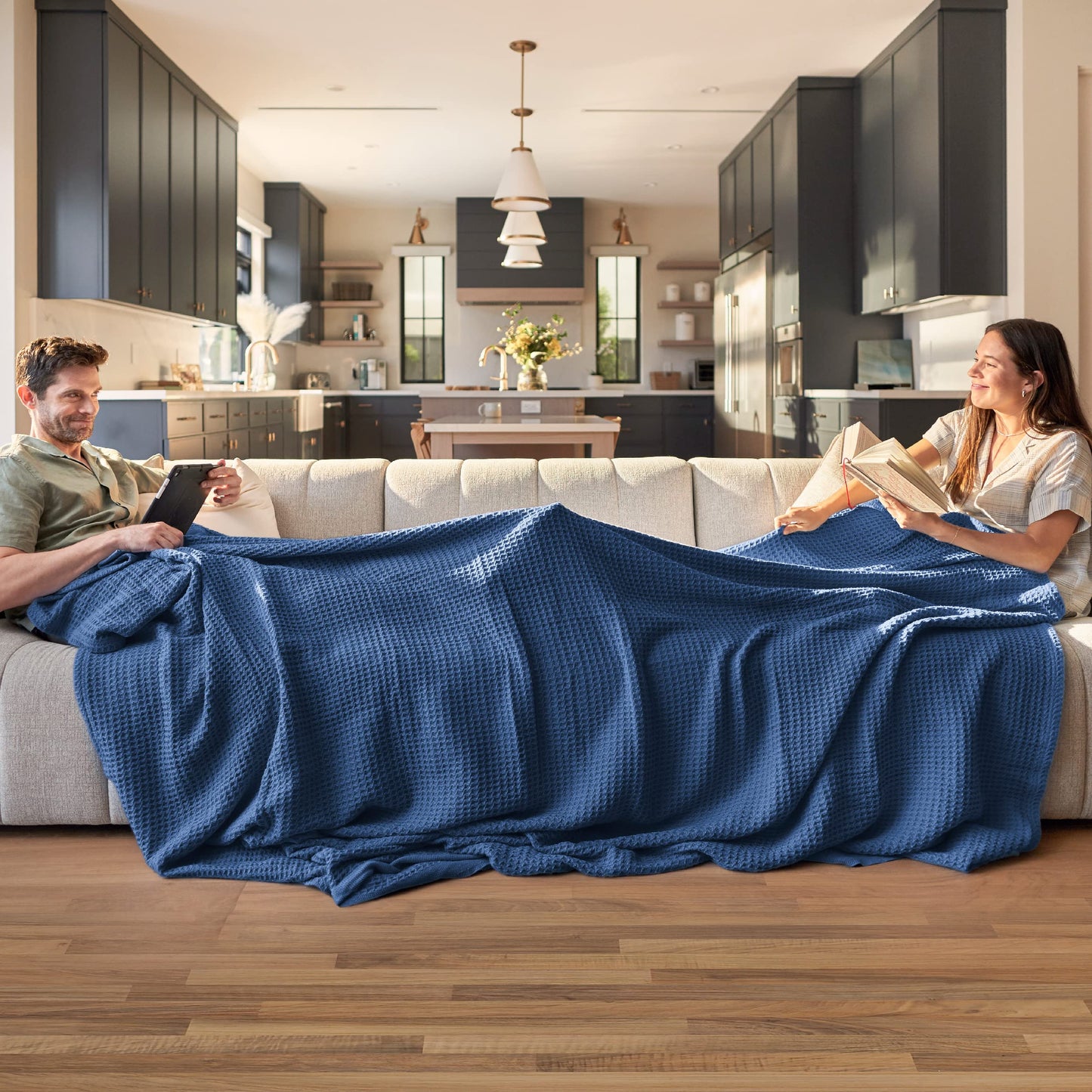 Bedsure 100% Cotton Large Throw Blankets for Couch - Waffle Weave Navy Throw Blankets for Bed, Lightweight and Soft Spring Throw Blankets for Office, 50x70 inches