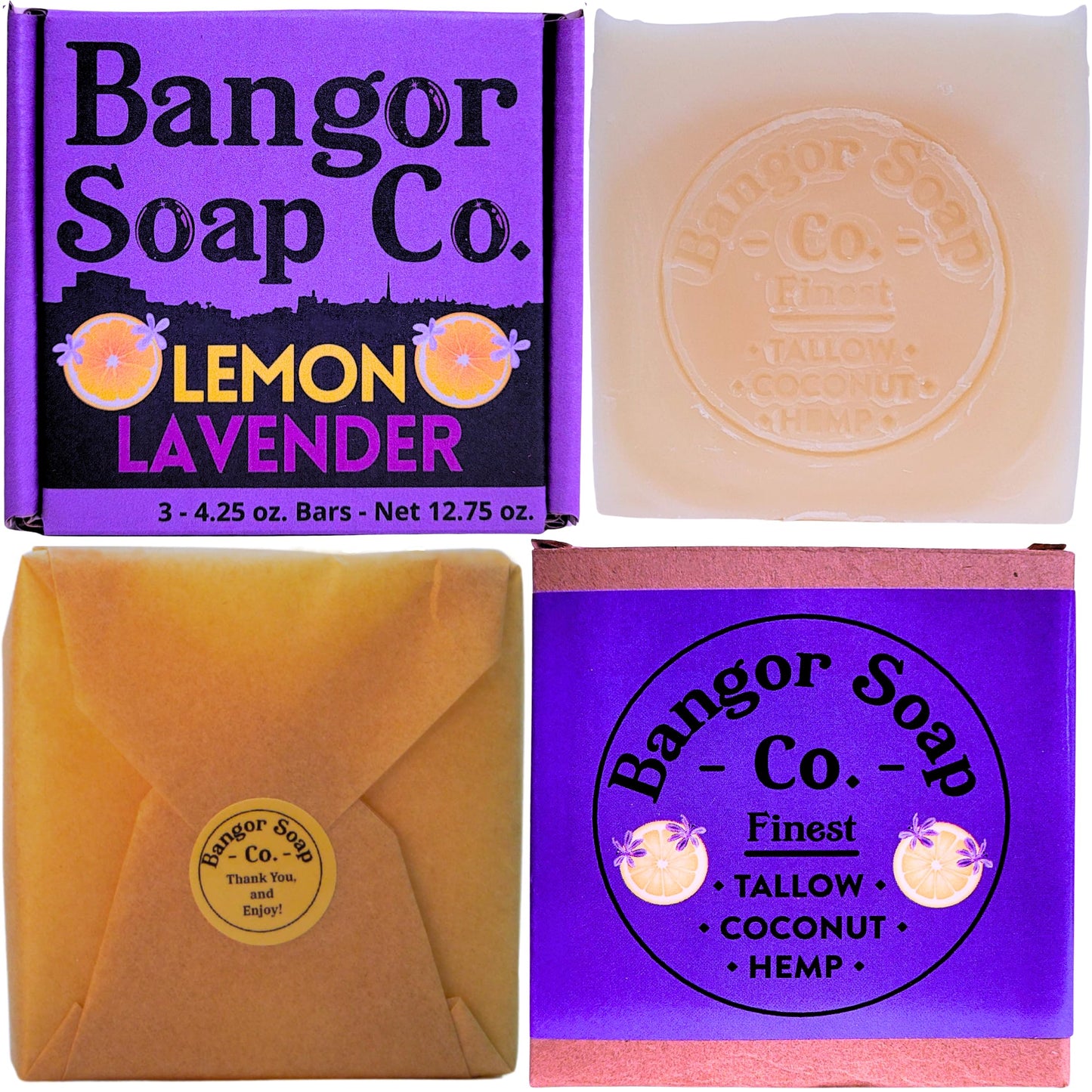 Bangor Soap Co.'s SWEET LEMON LAVENDER Pure, Natural Soap Bars, The FINEST Tallow, Coconut, and Hemp, NOTHING Artificial, NOTHING Superficial for A Smooth, Nourishing Lather (3-Pack)