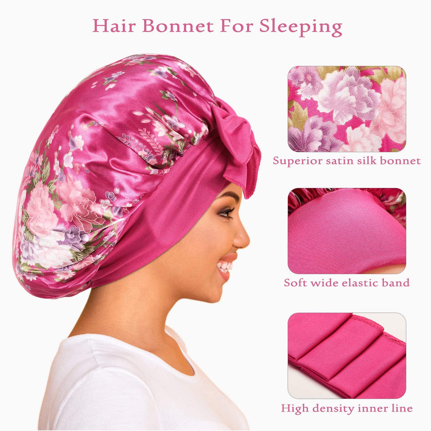 Silk Bonnet for Sleeping, Satin Bonnet for Sleeping, Bonnets for Black Women Silk Hair Bonnet for Sleeping, 2 Pack Tie Band Bonnet for Curly Hair Silk Sleep Cap