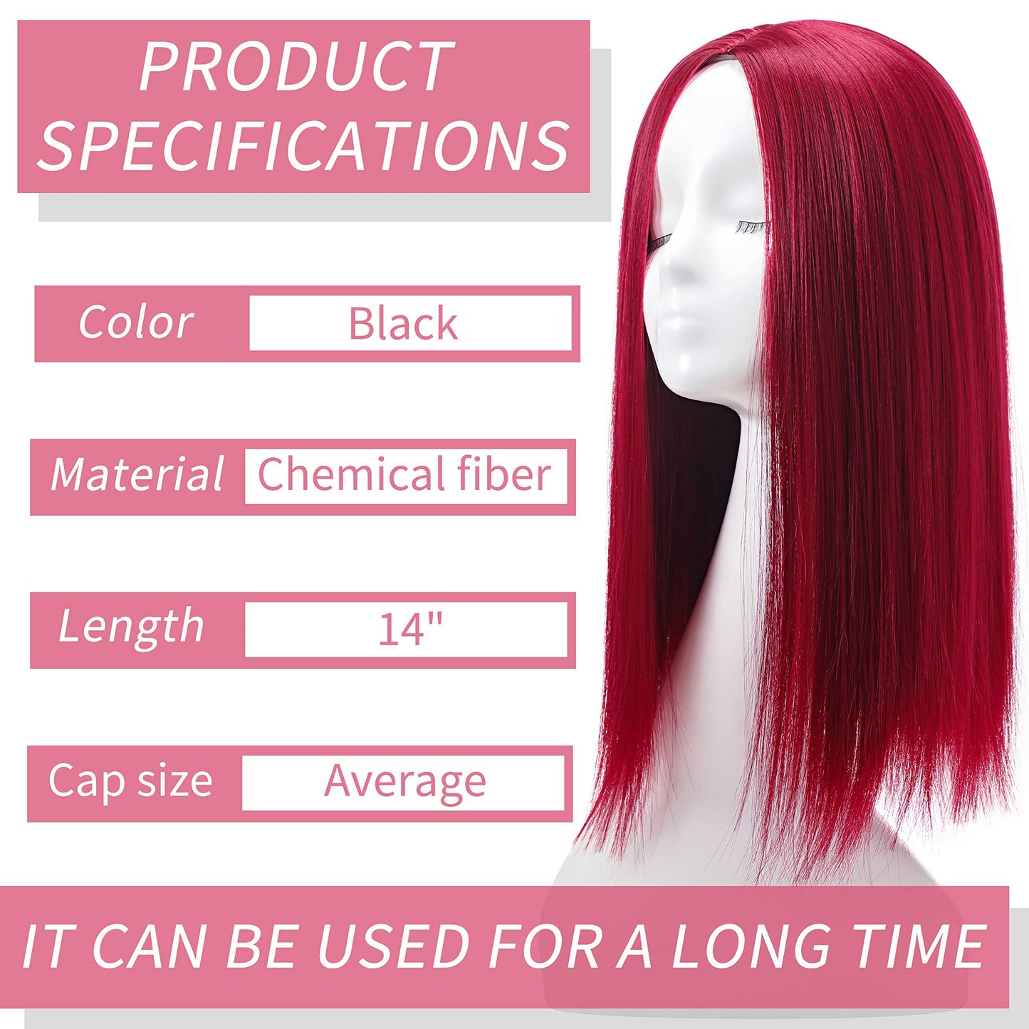 MSMY Colorful Wig Women's Long Straight Wigs Synthetic Wigs Long Straight Wigs for Women Heat Resistant Pastel Cosplay Wig (RED)