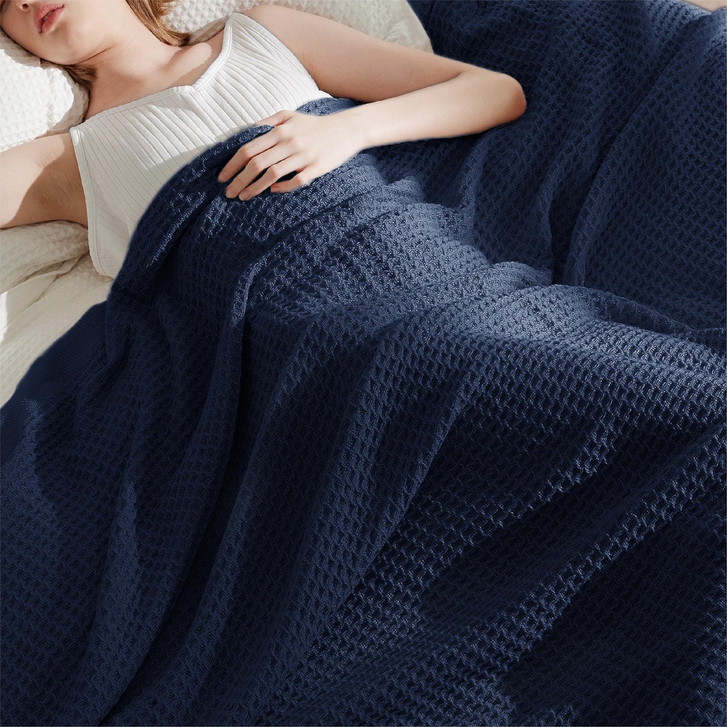 Bedsure 100% Cotton Large Throw Blankets for Couch - Waffle Weave Pageant Blue Throw Blankets for Bed, Lightweight and Soft Spring Throw Blankets for Office, 50x70 inches