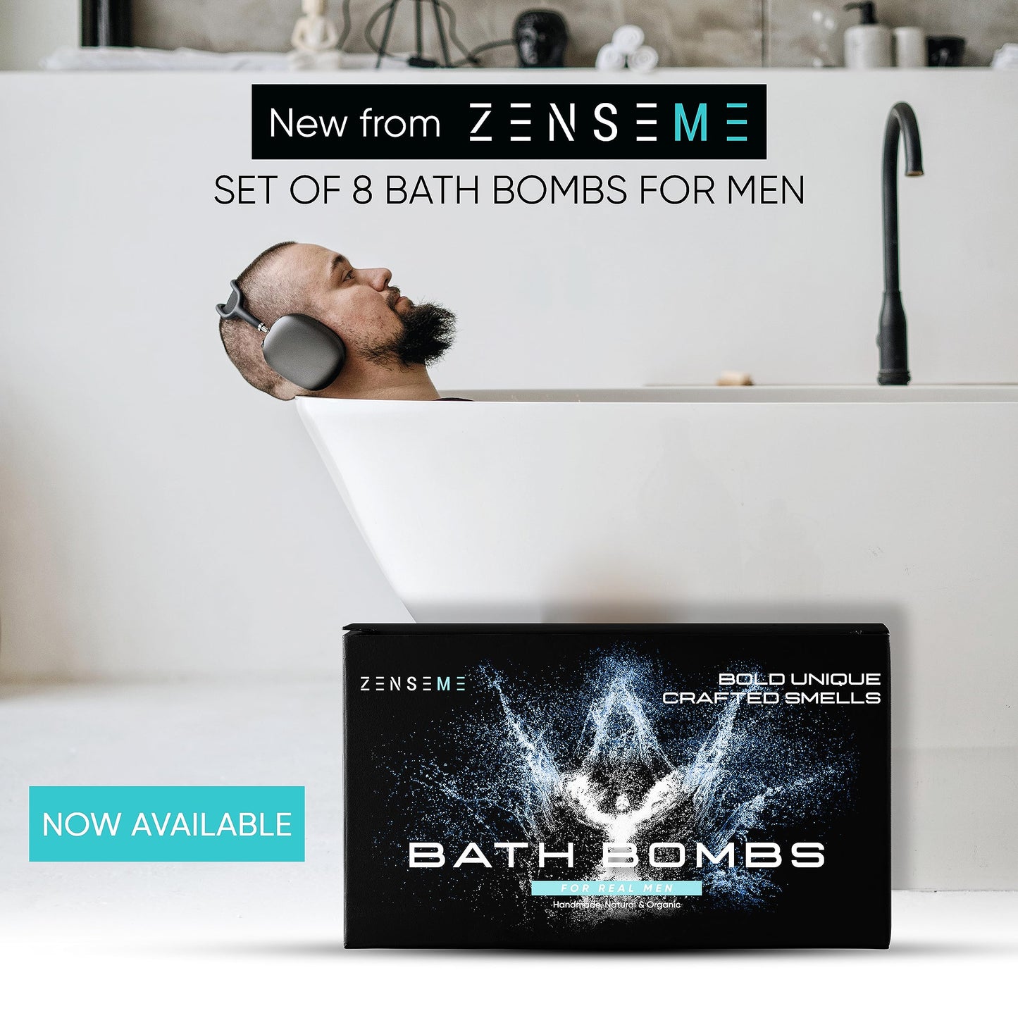 Bath Bombs for Men - Gift Set of 8 Scented Organic Handmade Bath Bombs of 2.5 oz with Natural Essential Oils, Unique Strong Manly Scents, for Boyfriend, Husband, Father or Friend, by ZenseMe