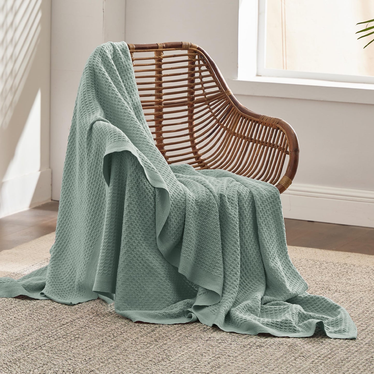 Bedsure 100% Cotton Large Throw Blankets for Couch - Waffle Weave Sage Green Throw Blankets for Bed, Lightweight and Soft Spring Throw Blankets for Office, 50x70 inches