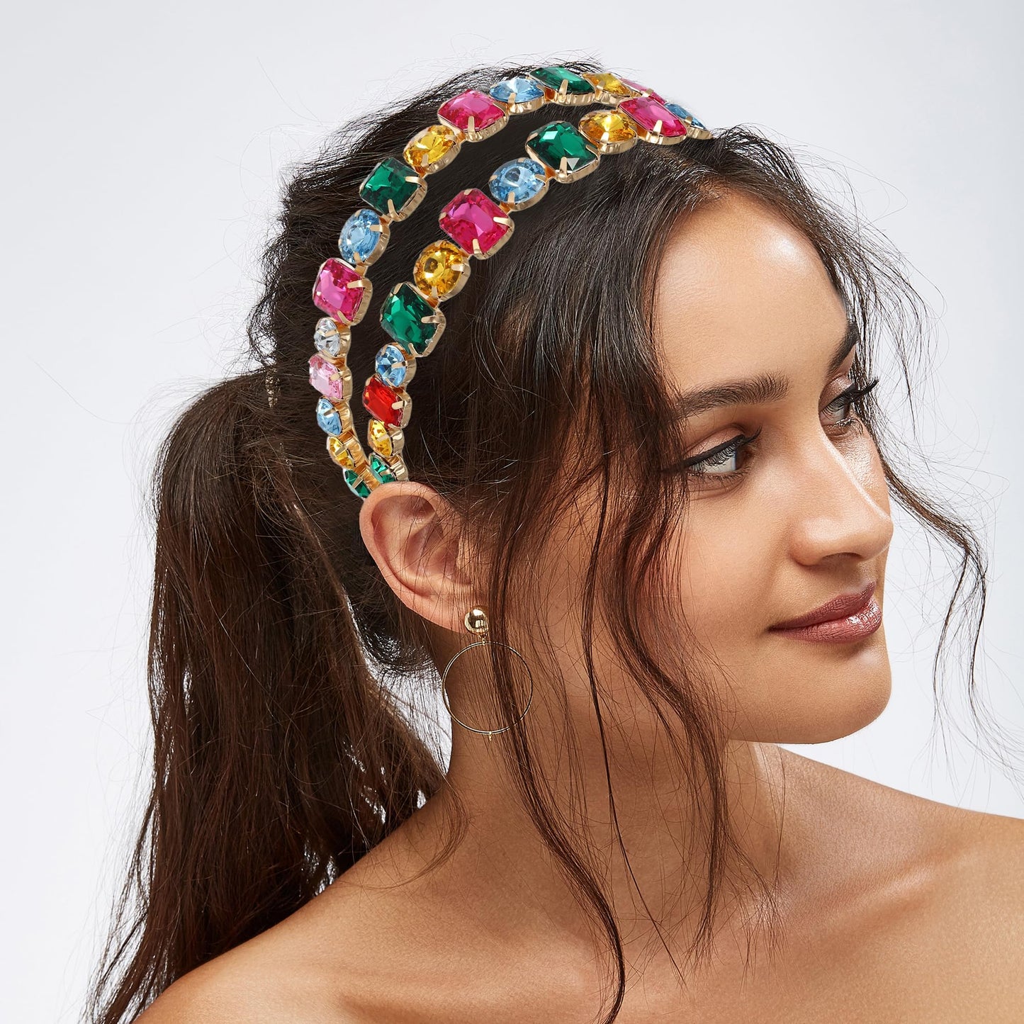 VOCOSTE Metal Colorful Glass Faux Crystal Hairband, Rhinestone Headband, Women Hairband, Gold Tone